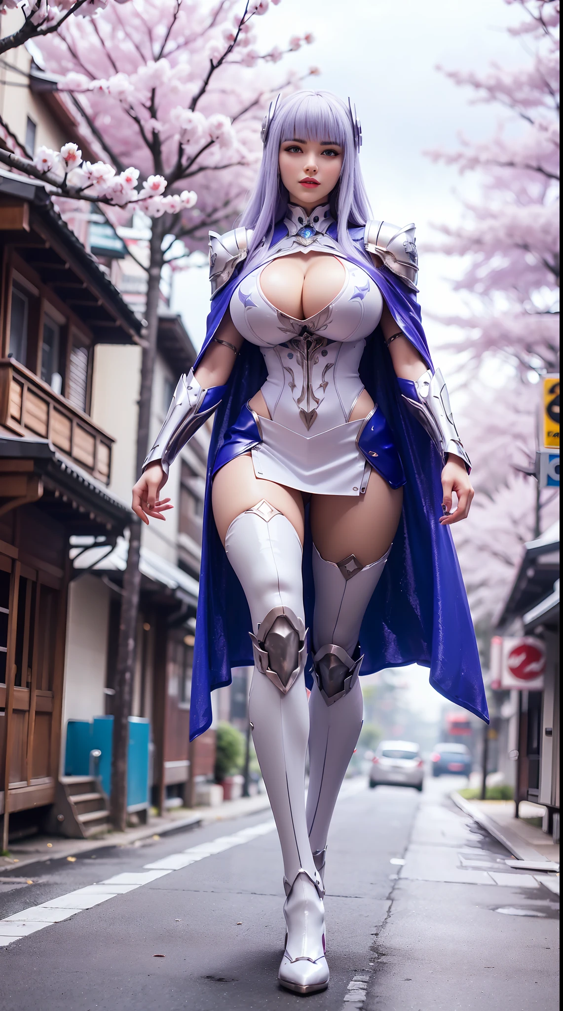 1GIRL, SOLO, (ssmile, makeup, beautifull eyes, red libs, white front bangs hair, gold ornament hair), (HUGE FAKE BOOBS:1.3), (GUARD ARM), (white, purple, blue, IN FUTURISTIC DRAGON ARMOR, GIRL IN MECHA CYBER ARMOR, ROYAL CAPE, CLEAVAGE, BLACK SKINTIGHT HOTPANTS, HIGH HEELS:1.5), (SLENDER BODY, SEXY LONG LEGS, FULL BODY:1.5), (LOOKING AT VIEWER:1), (WALKING DOWN ON STREET NIGHT CHERRY TREES:1.3), PHYSICALLY-BASED RENDERING, ULTRA HIGHT DEFINITION, 8K, 1080P.