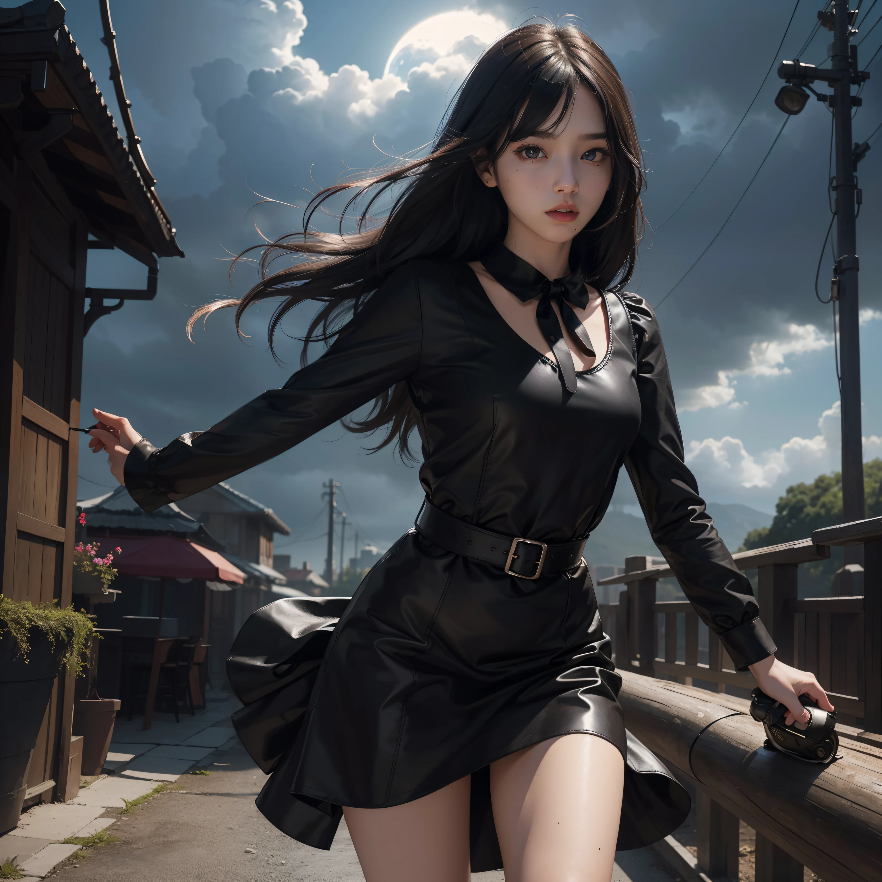 (Hyper-realistic), (Illustration), (High resolution), (8K), (Extremely detailed), (Best Illustration), Yol ( chain saw man ), (Beautiful detailed eyes), (Best Quality), (Ultra-detailed), (masutepiece), (Wallpaper), (Detailed face), Solo, Upper body, Focus on Face, 1 girl, Long Black Hair, Korean, Thin eyeshadow, A detailed eye, Brown eyes, Small moles under the eyes, very thin legs,Long sleeve shirt, Neckbow, Small breasts,Black leather shoes,pinafore dress, Dynamic Pose, low illuminance, Night, Dark, Clouds, a dark night