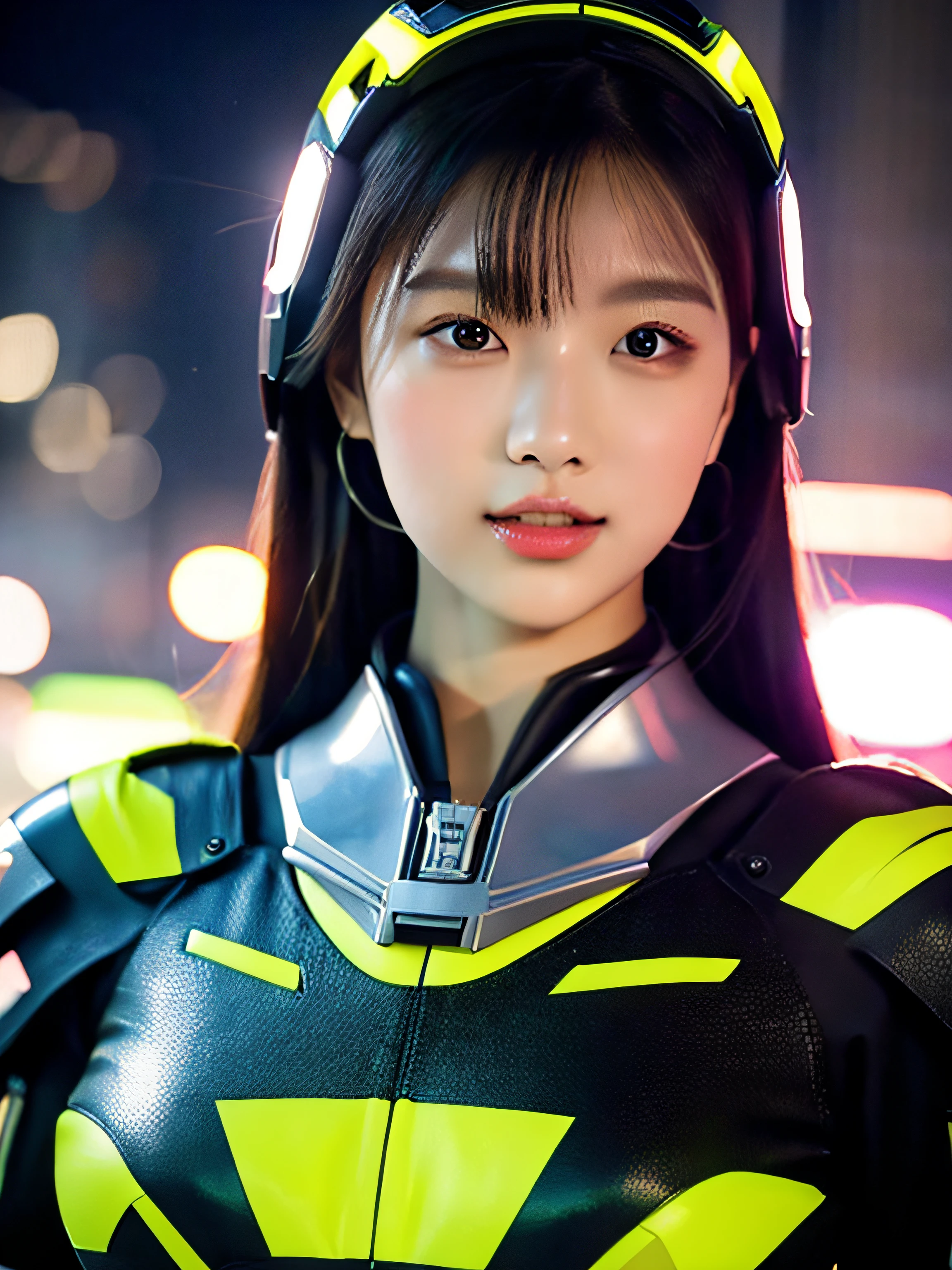 Highest image quality, excellent details, Ultra-high resolution, (Realism: 1.4), The best illustrations, favor details, Highly condensed 1girl, with a delicate and beautiful face, Dressed in black and green mechs, Wearing a mecha helmet, holding a directional controller, riding on motorcycle, the background is a high-tech lighting scene of the futuristic city.