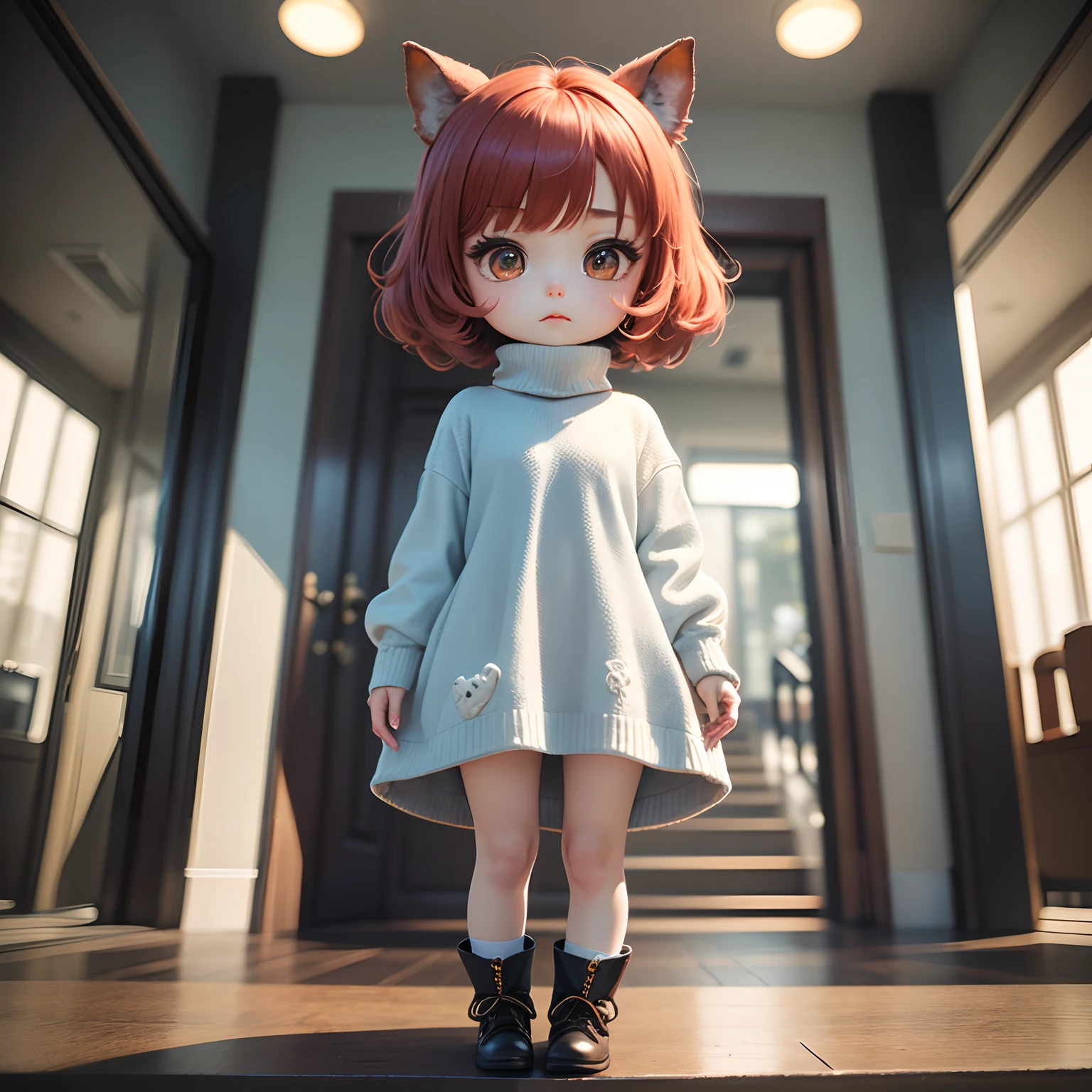 ​masterpiece、top-quality、ultra-detailliert、(Chibi Chara's Daughter:1.2)、(Red Hounstooth Court:1.4), Off-White Turtleneck Sweater Dress、Light Blue Bob、Short boots、The background is the port city of Cape Town