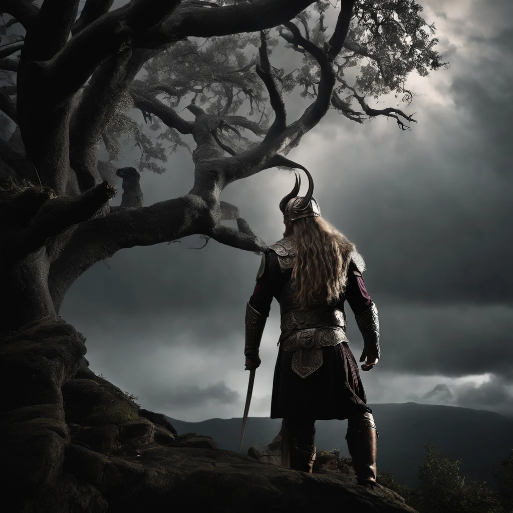 odin,hanging from a tree,pierced by a spear,mythology,norse god,viking legend,detailed tree branches,thunderstorm background,ominous atmosphere,dark colors,lightning bolts,mythical figure,surreal scene,heroic pose,ancient legend,impressive physique,strong facial expression,dramatic lighting,muscular body,metallic armor,mystical energy,exquisite textures,dramatic composition,legendary warrior,divine power,ancient runes,mythical creatures,majestic appearance,stormy weather,mystical aura,mysterious atmosphere,dramatic landscape,intense storytelling,heroic sacrifice, epic scenery,norse mythology,strong presence,mythical symbol,atmospheric elements,mythical universe,imposing figure,detail enhancement,bold contrasts,heroic mythology,imposing presence,foreboding setting,impressive details,ethereal ambiance,awe-inspiring image,dynamic storytelling,heavy symbolism