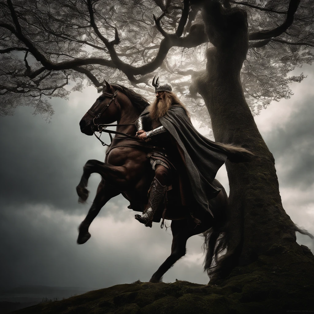 odin,hanging from a tree,pierced by a spear,mythology,norse god,viking legend,detailed tree branches,thunderstorm background,ominous atmosphere,dark colors,lightning bolts,mythical figure,surreal scene,heroic pose,ancient legend,impressive physique,strong facial expression,dramatic lighting,muscular body,metallic armor,mystical energy,exquisite textures,dramatic composition,legendary warrior,divine power,ancient runes,mythical creatures,majestic appearance,stormy weather,mystical aura,mysterious atmosphere,dramatic landscape,intense storytelling,heroic sacrifice, epic scenery,norse mythology,strong presence,mythical symbol,atmospheric elements,mythical universe,imposing figure,detail enhancement,bold contrasts,heroic mythology,imposing presence,foreboding setting,impressive details,ethereal ambiance,awe-inspiring image,dynamic storytelling,heavy symbolism