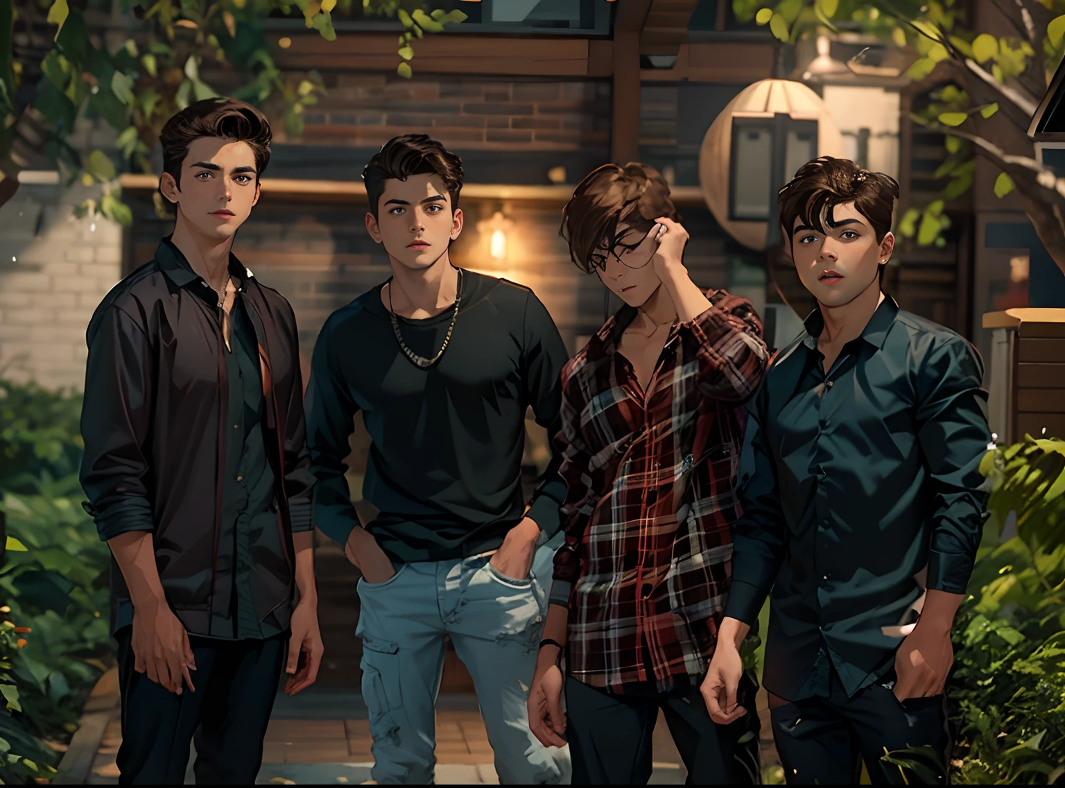 A handsome young man with brown hair,wearing black clothes,Standing with a burly youth,In the background is a gaming room