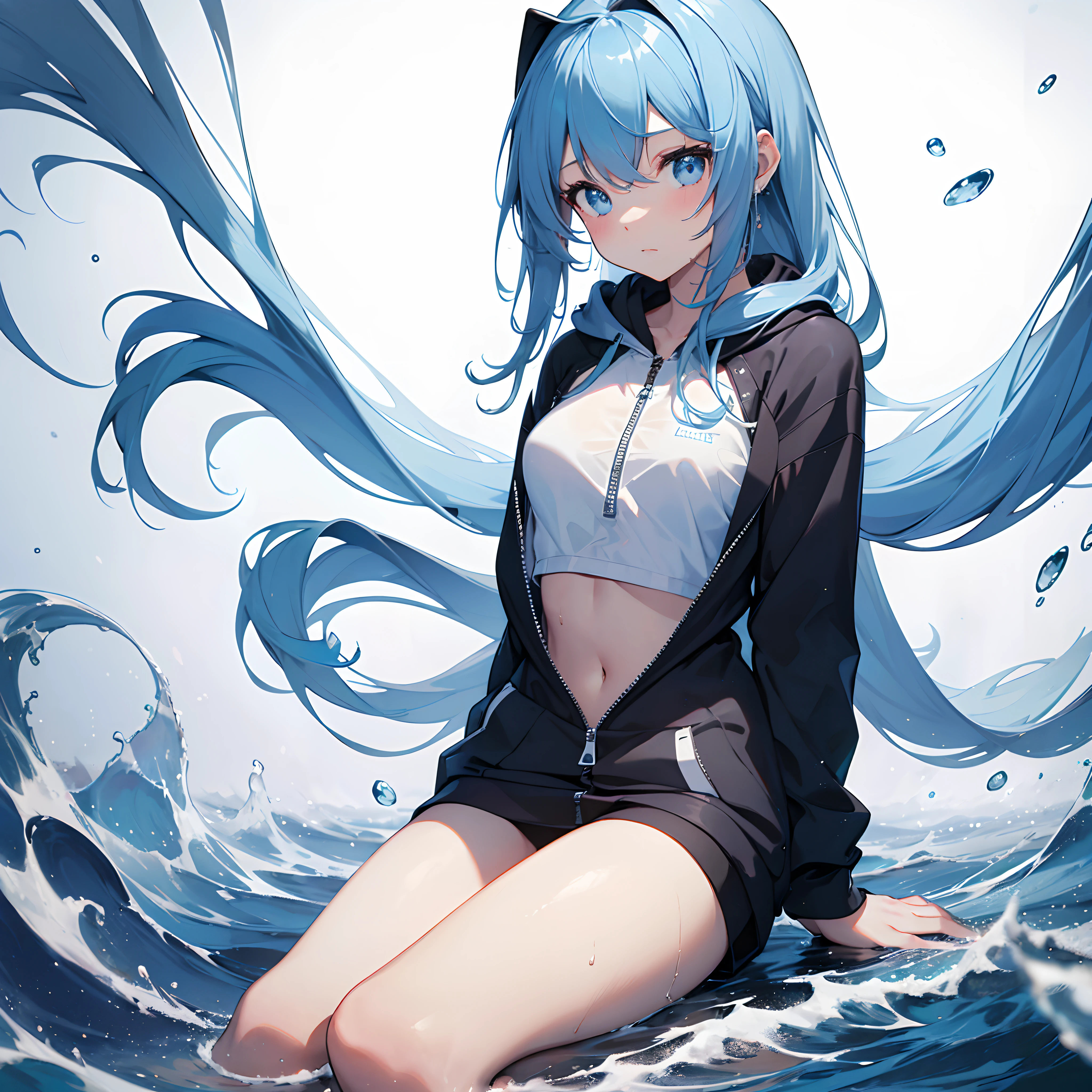 1womanl, Solo, 24 year old, (cute face), ((Composition from head to thigh)), Blue Long Hair, white t-shirts、Black Zip Up Hoodie、Sateen、shelter、getting wet、((Anatomically correct))