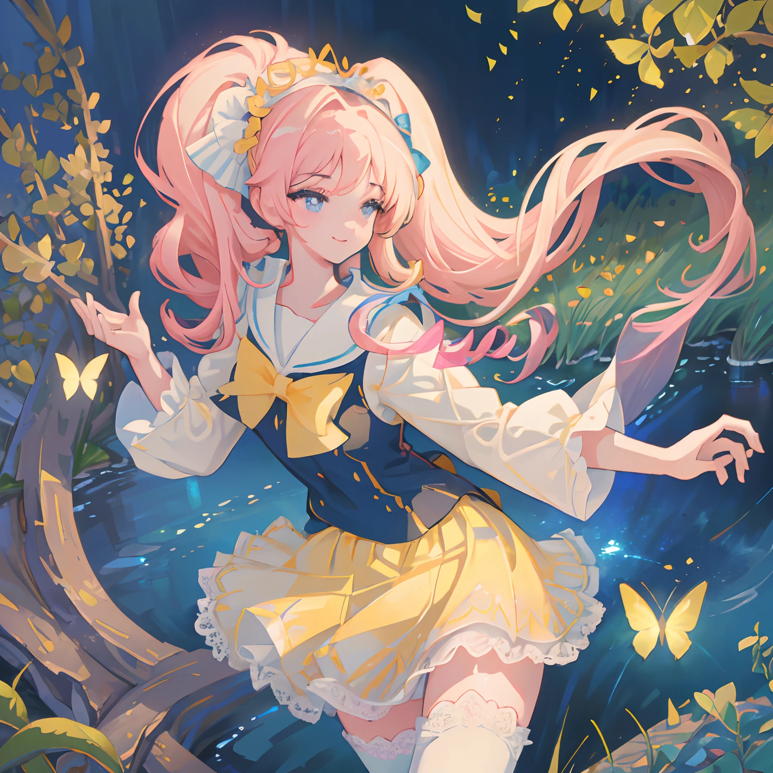 (best quality,4k,8k,highres,masterpiece:1.2),ultra-detailed,(realistic,photorealistic,photo-realistic:1.37),golden double ponytail beautiful girl,detailed eyes,detailed lips,sailor suit,pink,bright colors,pleated short skirt,blue,black silk knee length stockings,small leather shoes,garden background,natural lighting,soft pastel colors,floral decorations,delicate lace collar,sweet smile,a playful pose,dewdrops on the grass,butterflies fluttering around,slim,Thin leg