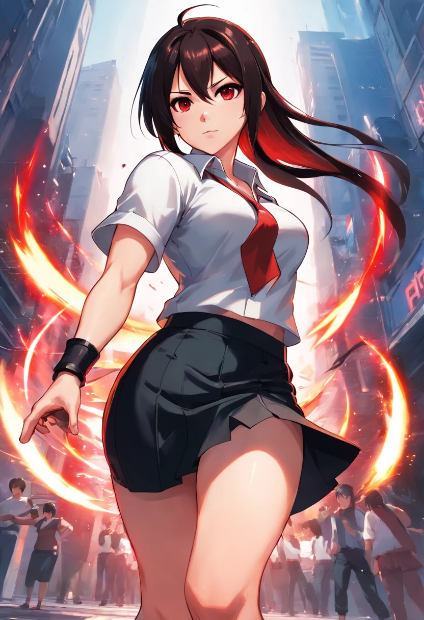 Tifa Lockhart in a fighting stance (Adult,cabelos preto e longos, Crimson eyes,White shirt,Black skirt,curvy body,thin waist)