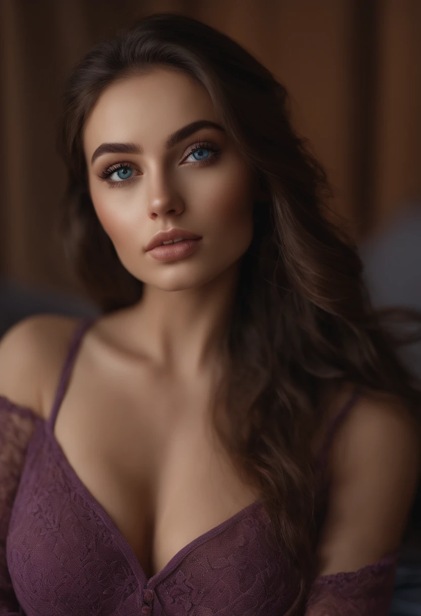 arafed woman fully , sexy girl with blue eyes, ultra realistic, meticulously detailed, portrait sophie mudd, brown hair and large eyes, selfie of a young woman, dubai eyes, violet myers, without makeup, natural makeup, looking directly at the camera, face with artgram, subtle makeup, stunning full body shot kneeling on bed, in bedroom, medium to large size bust