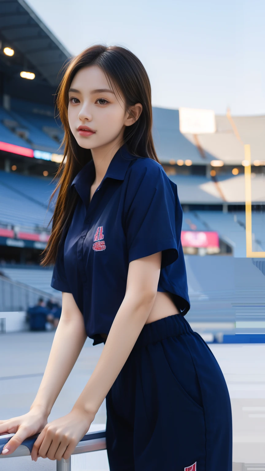 (bestquality,10,10,highres,masterpiece:1.2),ultra-detail,(Realistic,photorealistic portrait,photo-realistic:1.37),1 Cute girl in the football field,oily shiny skin,bara,light smile,BDclothes,((blue shirt:1.3)),short sleeves,Shirt, trousers.,(navy_long_Pants Track:1.1), ((Stadium Background:1.3)),dynamic angle,excited,face focus,Dynamic Poses,from behide,Ass Focus,masterpiece, bestquality, ultra realistic, hyper-detail, 8k resolution, RAW photo, crisp focus, ((Navy blue shirt:1.1)), short sleeves, Long Path, Perfect body, 2 mature women, 18yo, cinematic light,Blue sweatpants,Gymware,Correct anatomy,Complete body, Correct body, sharp face, Anatomically correct body, full entire body, Realistic gestures, long-haired, Realistic poses,Wear long shorts..,Long leg span,Shapely,Sculpting Girl,Slim figure, mannequin mannequins, Shapely