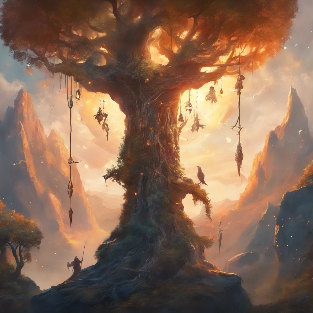 Odin hanging from a tree pierced by a spear