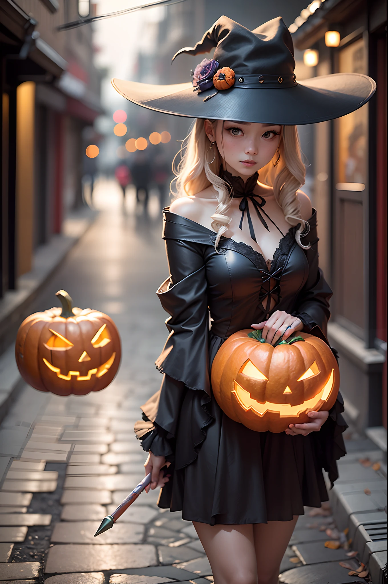 An ultra-realistic photograph captured with a Sony α7 III camera, equipped with an 85mm lens at F 1.2 aperture setting, photorealistic, In a Halloween-themed alley, a young japanese blonde girl captivates in her witchy ensemble. Her modest halloween dress, shimmering with ethereal glow, stands out against jack-o'-lanterns and fog. Her hat's shadow plays tricks on cobblestones, and as she holds a glowing wand, magic seems to stir, The image, shot in high resolution , captures the subject’s natural beauty and personality with stunning realism --auto --s2