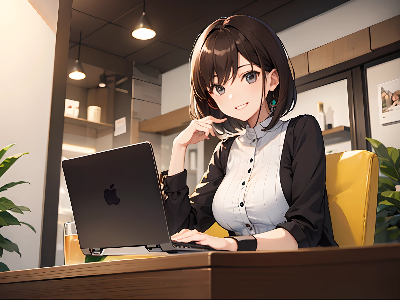 Woman using laptop in fashionable open café、20yr old、A smile、frontage、The upper part of the body、Brown hair、short-hair、The upper part of the body、