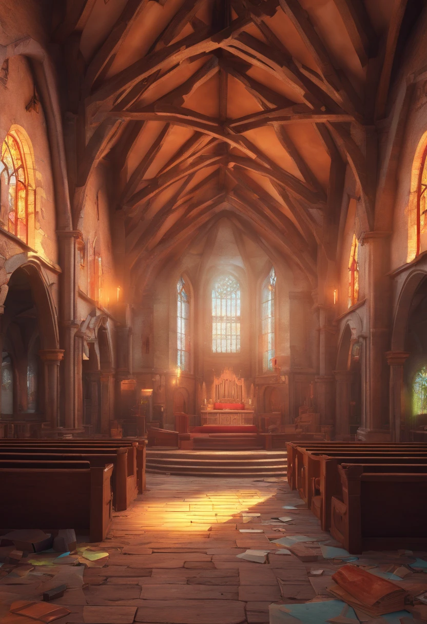 interior of a abandoned church, 3d isometric diorama from a paranormal rpg game, cartoon style