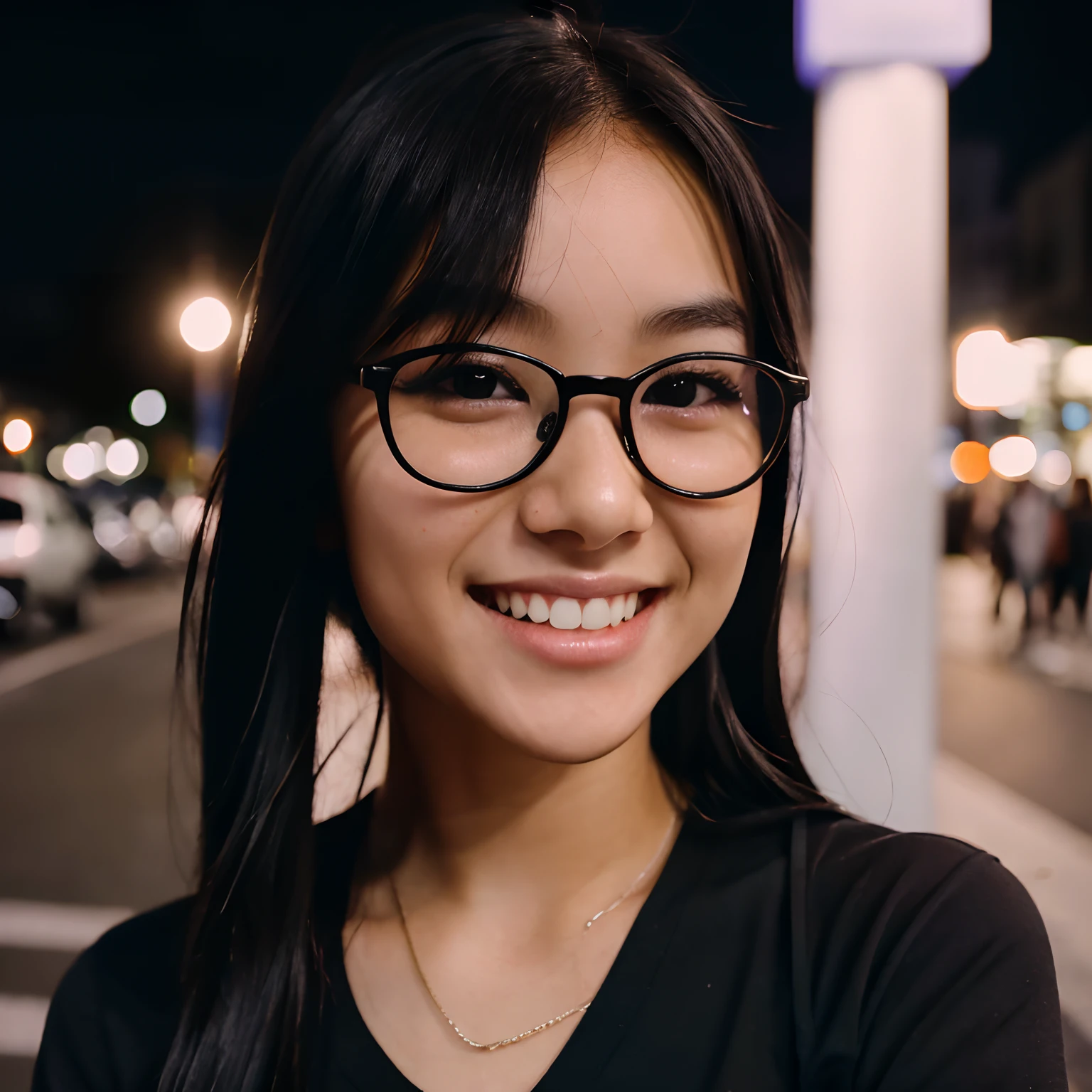 Very young female, half chinese, small slit-eyed, glasses, black hair, flawless white skin, long hair, photorealistic, best quality, hyper detailed, middle school student, beautiful woman, selfie photo, upper body, solo, wearing black clothes, smiling at city street, midnight photo, without makeup, school, looking at viewer, skin texture, film grain, close up, ultra high res, best shadow, RAW, instagram LUT