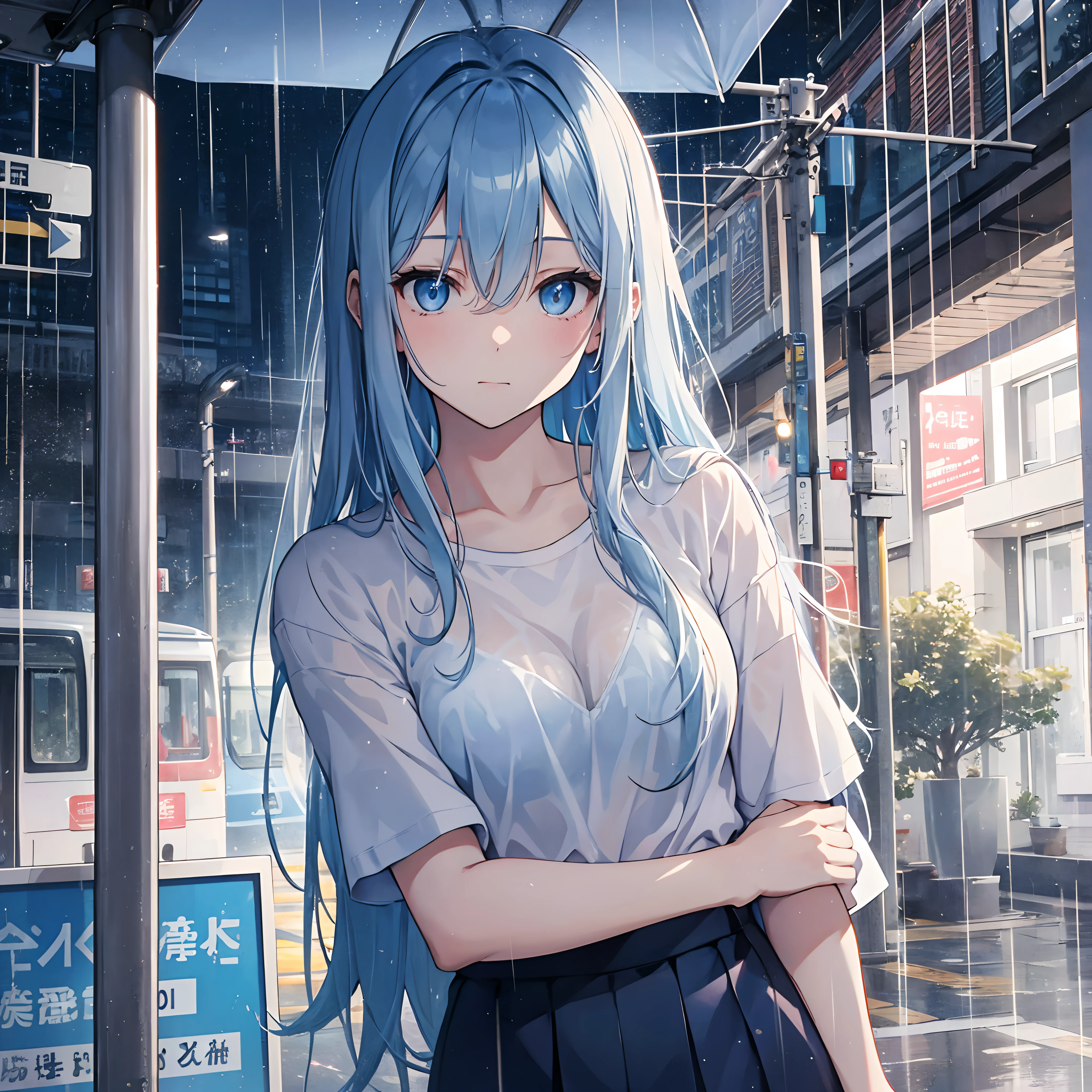 Woman evacuating in the rain、Light blue long hair、24 year old、blue eyess、(One Woman:1.2)、Sateen、murky、Bus stop、、top-quality、white t-shirts、bra very