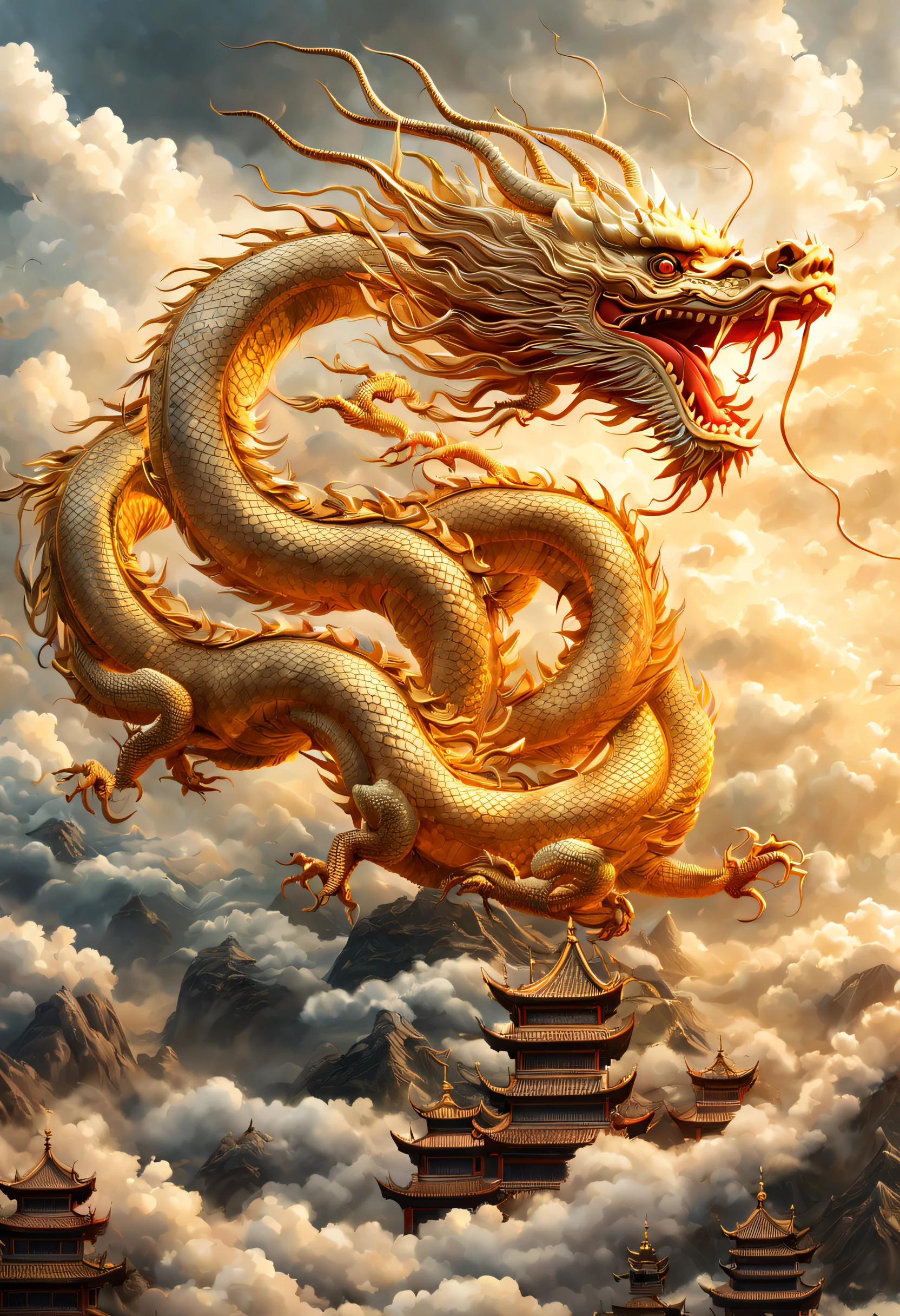 (Best quality,Masterpiece, Intricate,Ultra detail,Realistic,RAW photo,8K  UHD,超高分辨率,Photorealistic style,Cinematic scenes, Sharp focus,Dramatic lighting,extremely detailed CG unity wallpaper) ,Golden Chinese dragon,Chinese dragon in the clouds