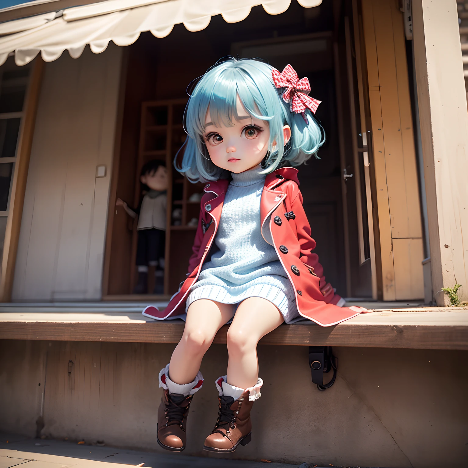 ​masterpiece、top-quality、ultra-detailliert、(Chibi Chara's Daughter:1.2)、long coat with red and white houndstooth,,、Light Blue Off Turtle Knit Dress、Short boots、Port city of Cape Town、