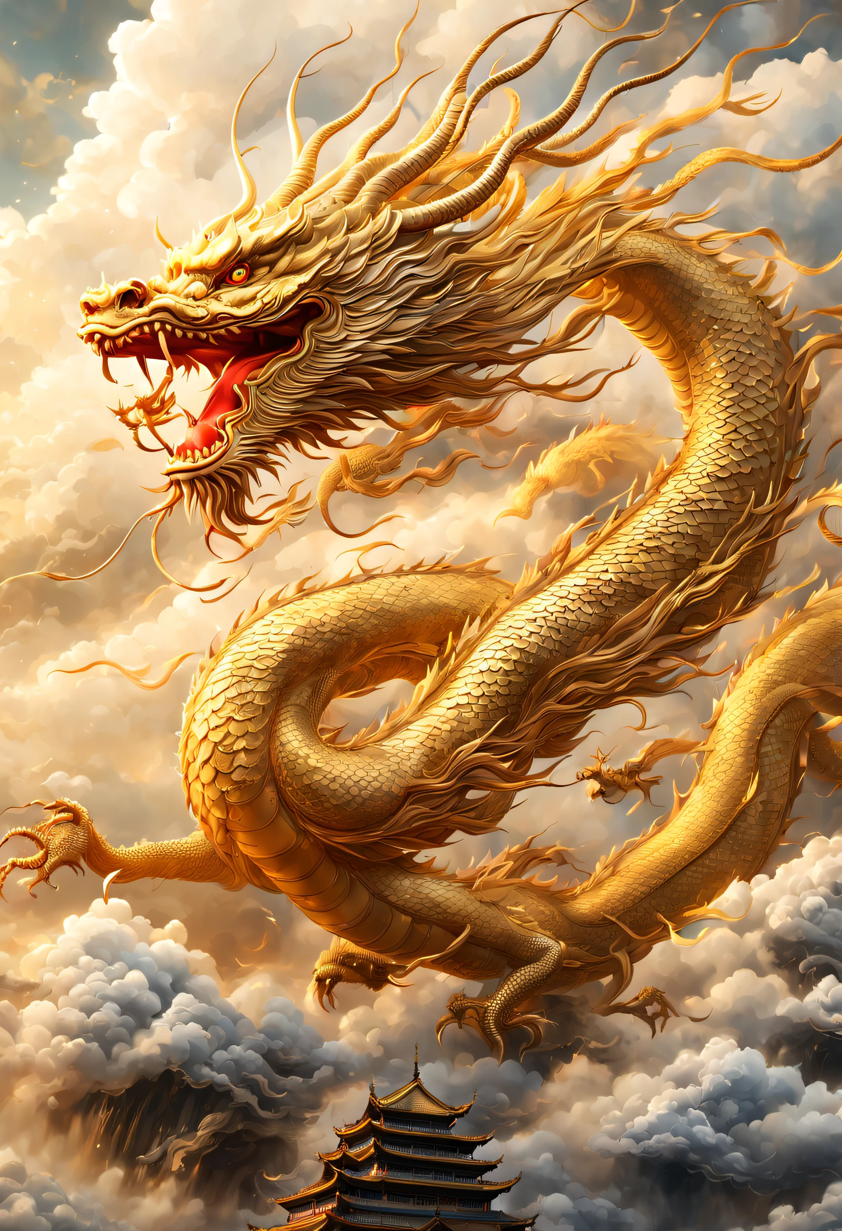 (Best quality,Masterpiece, Intricate,Ultra detail,Realistic,RAW photo,8K  UHD,超高分辨率,Photorealistic style,Cinematic scenes, Sharp focus,Dramatic lighting,extremely detailed CG unity wallpaper) ,Golden Chinese dragon,Chinese dragon in the clouds