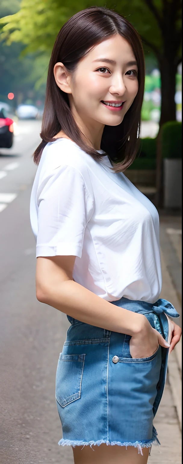 (8k, RAW photos, top quality, masterpiece: 1.2, ultra detailed, super resolution, real photos: 1.37), (Full body photo), 1 noble elegant Japanese lady, A lot of wrinkles on the face, plumw, (standing contrapposte), Denim skinny little shorts, Thighs white, Good skin radiance, Small tunic T-shirt, tight-fitting, large pelvis, Black heels, Shiny, mature pretty woman, Moist clothes, Smile, Daylight, Looks like 1.8 meters tall, Large breasts, big cuvy hips, Thin waist, Long legs, skin hyper-detail, 45 years old, Perfect face, Fantastic look, (Detailed facial features), Wavy hair, center of street, crowd of people,