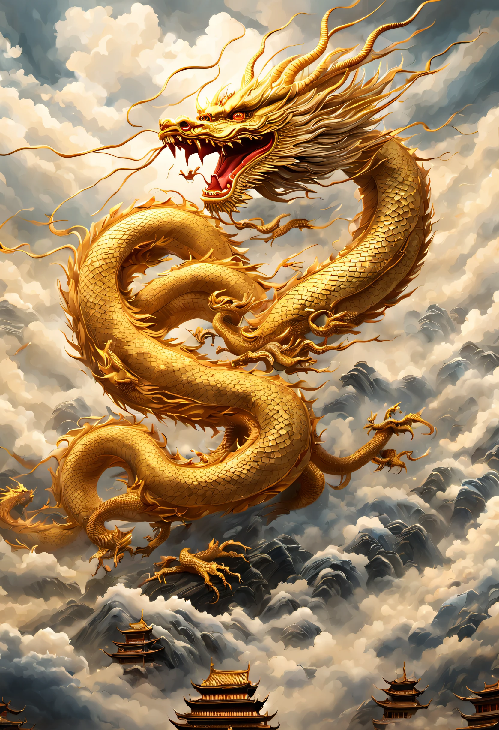 golden chinese dragon flying to the right through grey clouds barely visible, (white background:1), shimmering golden hues, masterpiece, high quality, dynamic effects