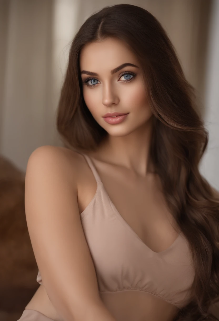 arafed woman fully , sexy girl with blue eyes, ultra realistic, meticulously detailed, portrait sophie mudd, brown hair and large eyes, selfie of a young woman, dubai eyes, violet myers, without makeup, natural makeup, looking directly at the camera, round face, subtle makeup, stunning full body shot kneeling on bed, in bedroom, medium to large size bust