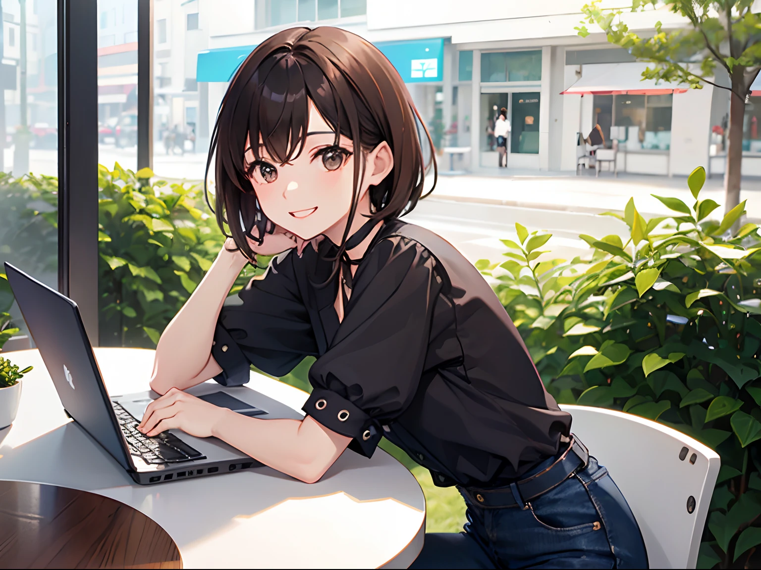 Fashionable open café、Woman using laptop on terrace seat、20yr old、A smile、frontage、The upper part of the body、Brown hair、short-hair、The upper part of the body、