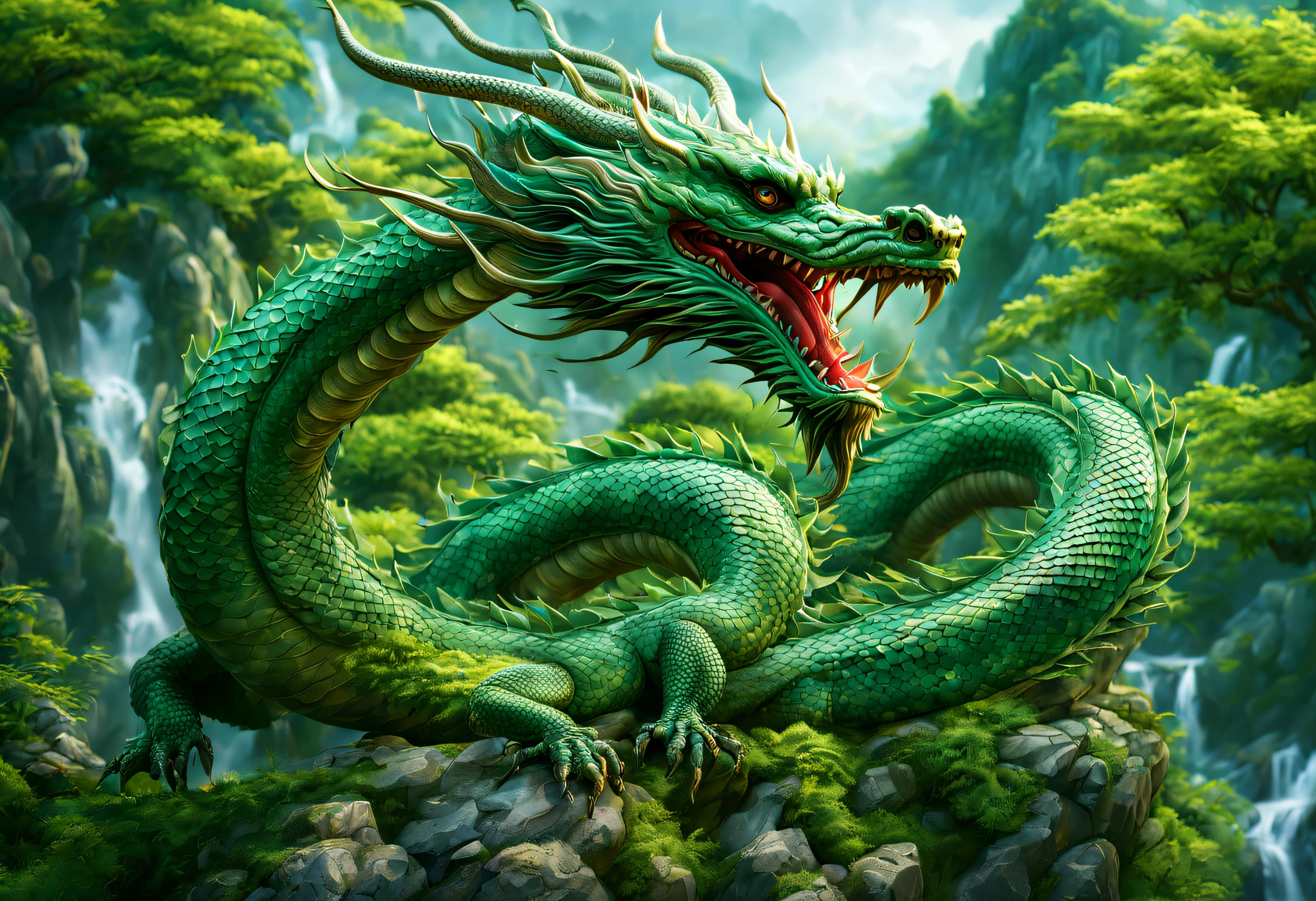 (Best quality,Masterpiece, iintricate,Hyper-detailing,1.4x realism,RAW photo,8K  UHD,超高分辨率,Photorealistic style,Cinematic scenes, Sharp focus,Dramatic lighting,extremely detailed CG unity wallpaper) ,The green dragon resembles a long snake，Kirin Head，Carp tail，The face has a long beard，The horns resemble deer，There are five claws，Looks mighty，The green dragon in the eastern meridian of the Great Wilderness，Cyan Chinese dragon