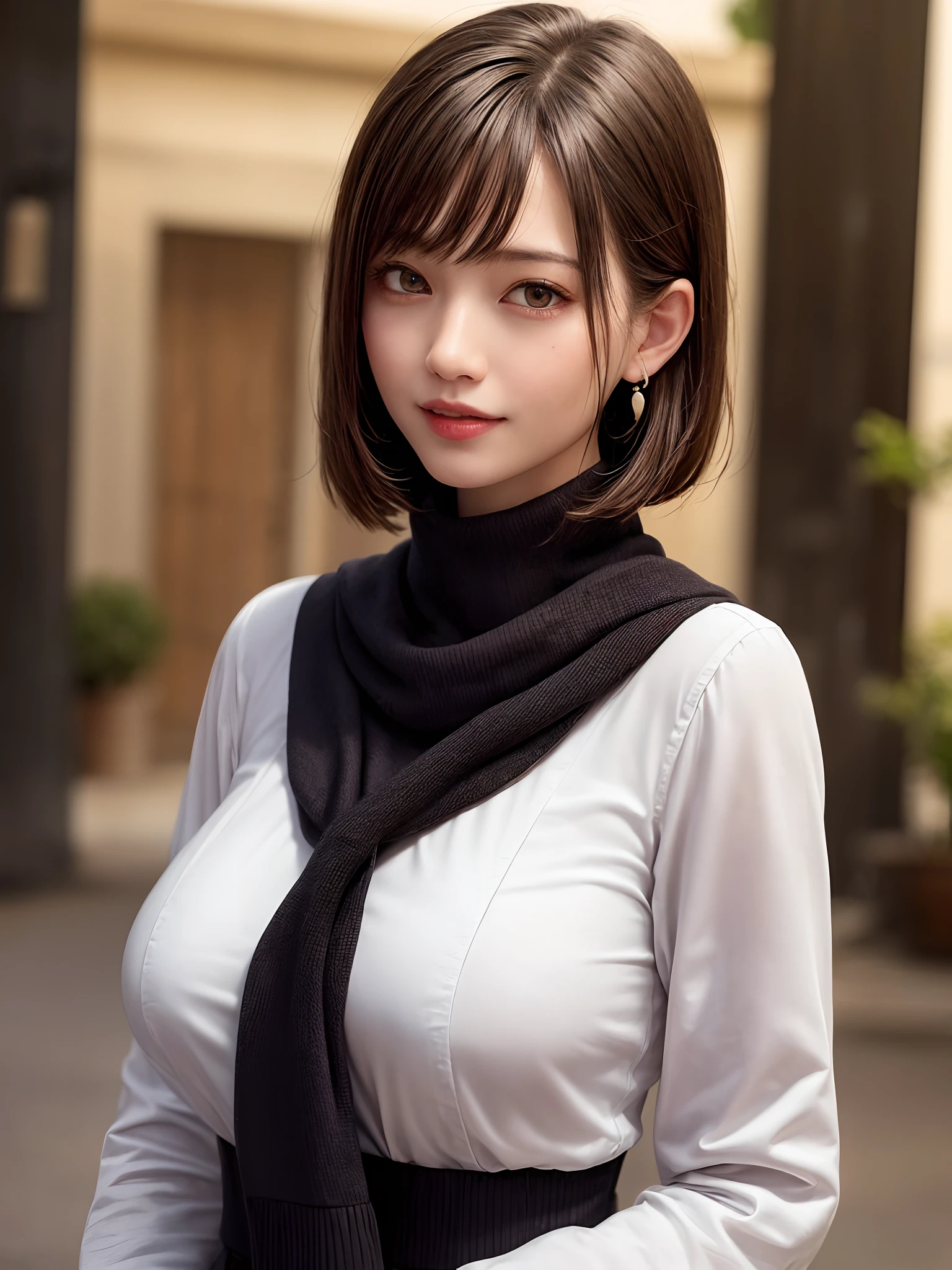 (masterpiece, top-quality、Very attractive adult beauty、Add intense highlights to the eyes、Look firmly at the camera),1girl in, 独奏, A dark-haired, scarf, Hats,, realisitic, looking at the viewers, black eyes of light color, shorth hair, coat, Winter clothes, White headscarf, s lips, lipgloss,bangss, The upper part of the body、big eye、Lashes)、((Road system in Italy))、((Shorthair with bangs、big eye、Put very strong highlights in your students、{Gigantic|Big|Huge|Mega} breasts、very Bigger breasts、gazing at viewer、Very beautiful beauty、Put your ears out、long neck、little smiling、Beautiful teeth、Open your mouth and smile))、28 year old、Very cute supermodel