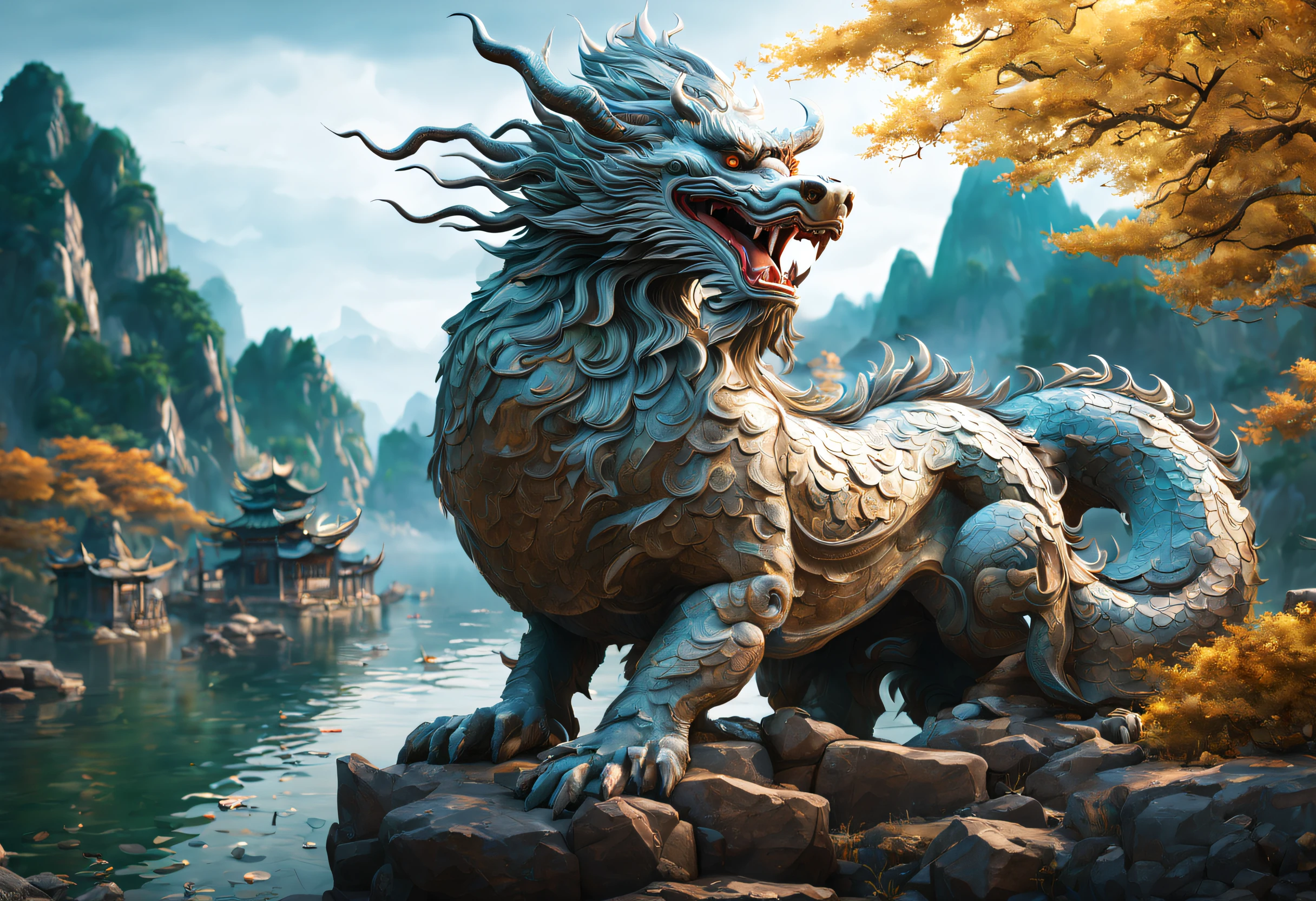 (Best quality,tmasterpiece, iintricate,Hyper-detailing,1.4x realism,RAW photo,8K UHD,超高分辨率,Photorealistic style,Cinematic scenes, Sharp focus,Dramatic lighting,extremely detailed CG unity wallpaper,Full body photo) ,Xuanwu sits quietly on a boulder in the center of the lake,A mythical beast in Chinese mythology(xuanwu)