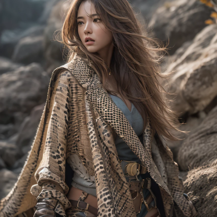 cinematic cgsociety,，Tropical canyon battle scene、Chinese big breasts、Quaint trench coat、three kingdom、ember、100 people、Faraway view、intense battles、high detal、masuter piece、NSFW，Multi-layered long-sleeved gauze garment，Quick-drying vest，Color cotton linen sweater，Python cloak cape，