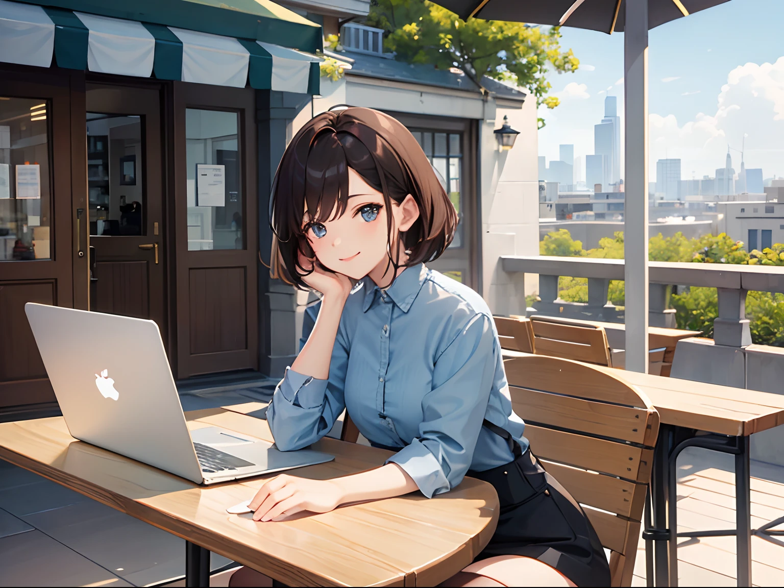 Stylish open café、Woman using laptop on terrace seat、20yr old、A smile、frontage、The upper part of the body、Brown hair、short-hair、The upper part of the body、