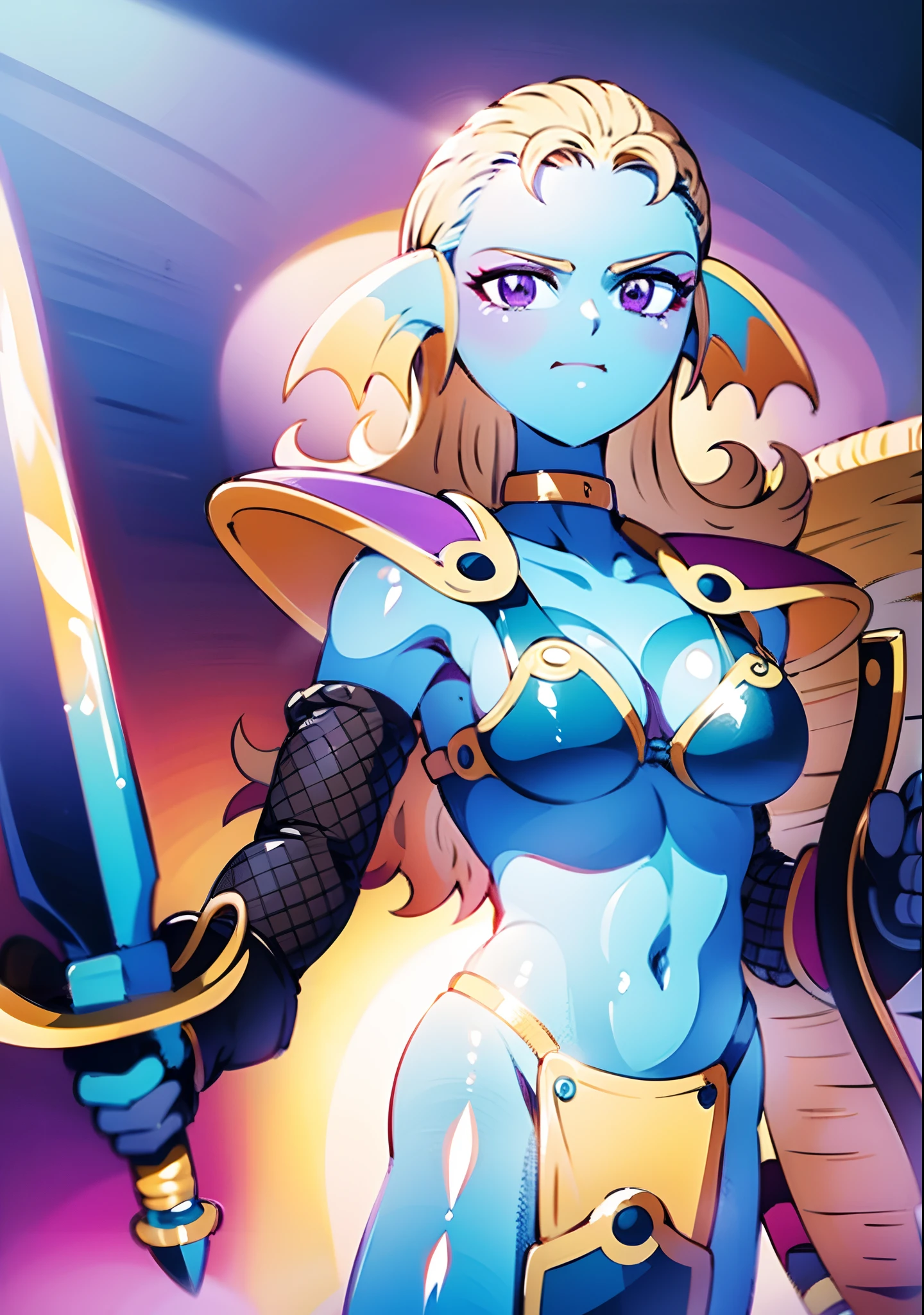 8K,high quality,anime,married woman,beautiful woman,bright,eye highlights,purple eyes,sexy,super big tits,oversized boobs,erotic,beautiful line drawing. Blue skin, blue and orange gradient fins, black bikini armor, holding sword, holding shield, bikini armor with jeweled ornaments, revealing outfit, dark facial makeup, golden sword, wooden shield, muscular raw legs, light blue legs, animated drawings,