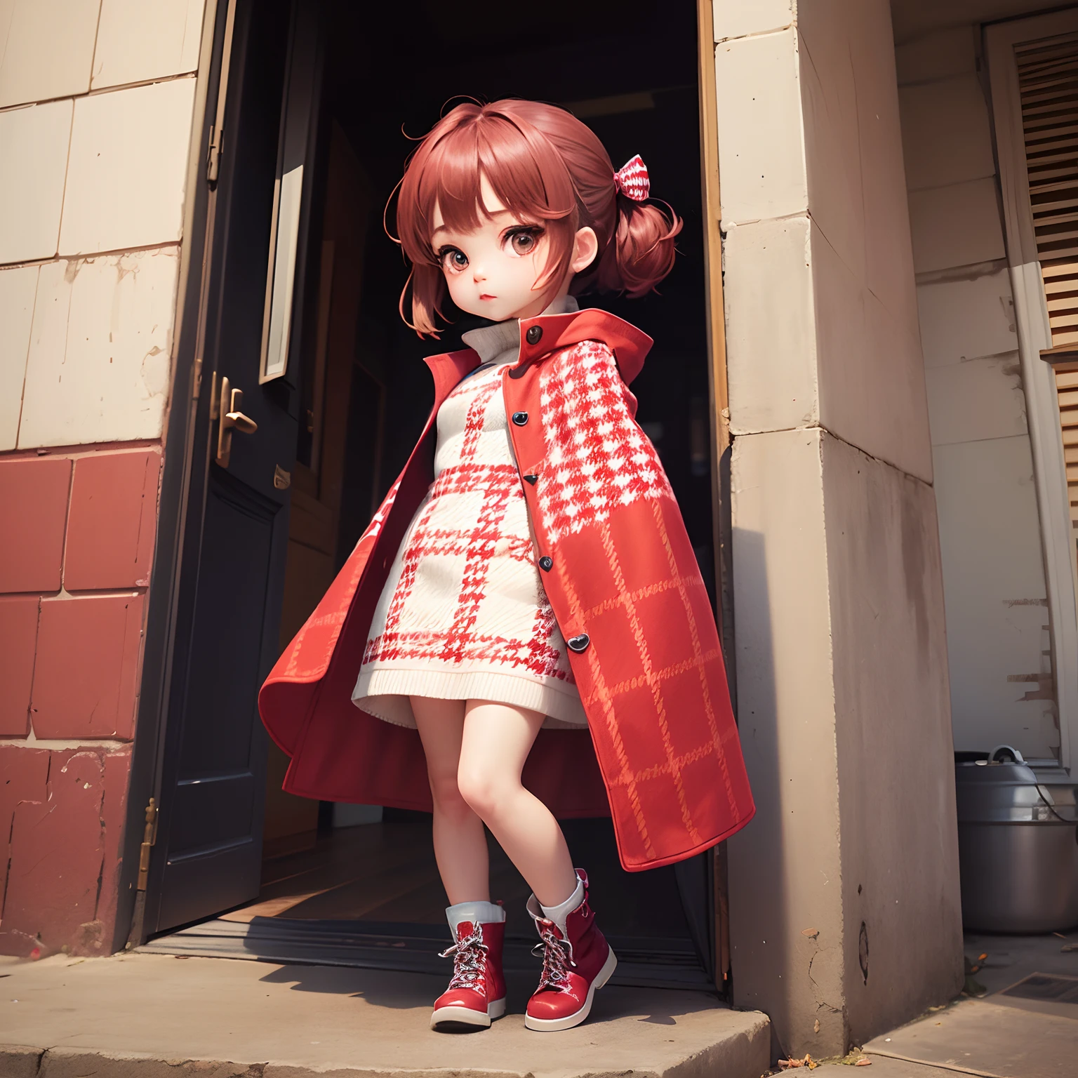 ​masterpiece、top-quality、ultra-detailliert、(Chibi Chara's Daughter:1.2)、(long coat with red and white houndstooth,:1.3)、Light Blue Off Turtle Knitted Dress、Short boots、Port city of Cape Town、