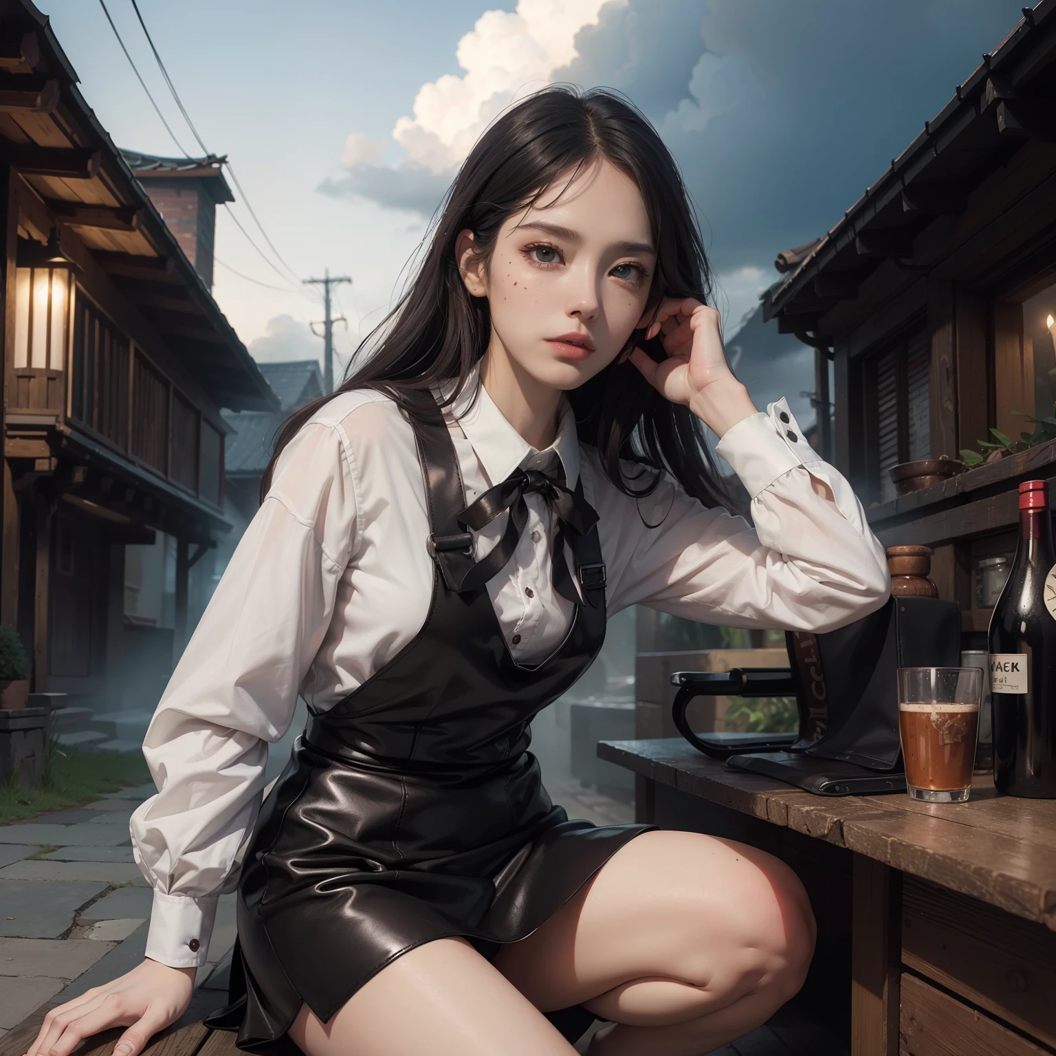 (Hyper-realistic), (Illustration), (High resolution), (8K), (Extremely detailed), (Best Illustration), Yol ( chain saw man ), (Beautiful detailed eyes), (Best Quality), (Ultra-detailed), (masutepiece), (Wallpaper), (Detailed face), Solo, Upper body, Focus on Face, 1 girl, Long Black Hair, Korean, Thin eyeshadow, A detailed eye, Brown eyes, Small moles under the eyes, very slender legs,Long sleeve shirt, Neckbow,  Small breasts,Black leather shoes,pinafore dress, Dynamic Pose, low illuminance, Night, Dark, Clouds, a dark night