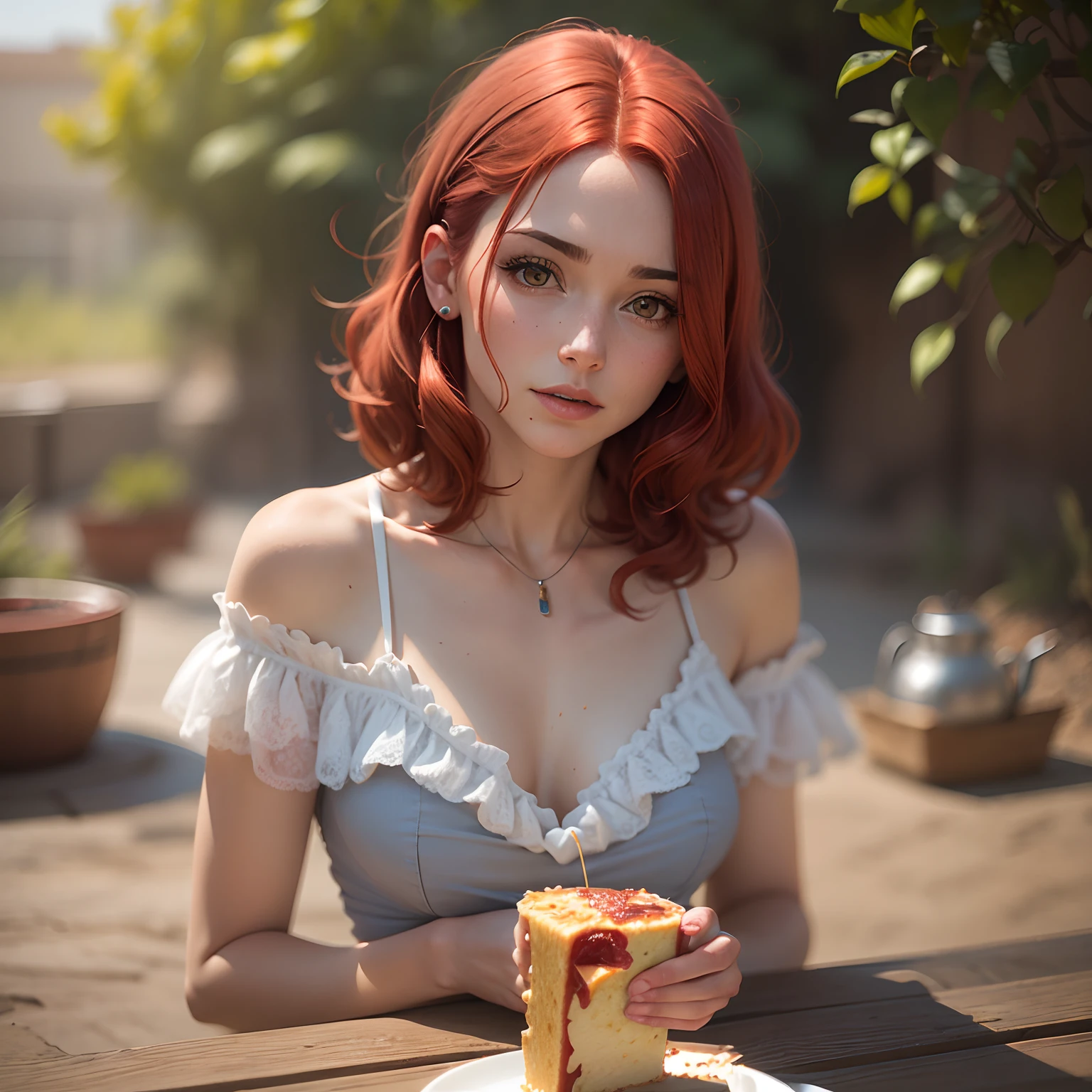 (masterpiece best quality), solo, 1girl, thick lips, blue eyes, ginger hair, tan, money tuck, bedroom, window, scoop neck, half up half down hair, hair ornament, large breasts, jewelry, plant, detailed illustration, restaurant, sitting at table, hoodie, cleavage,
