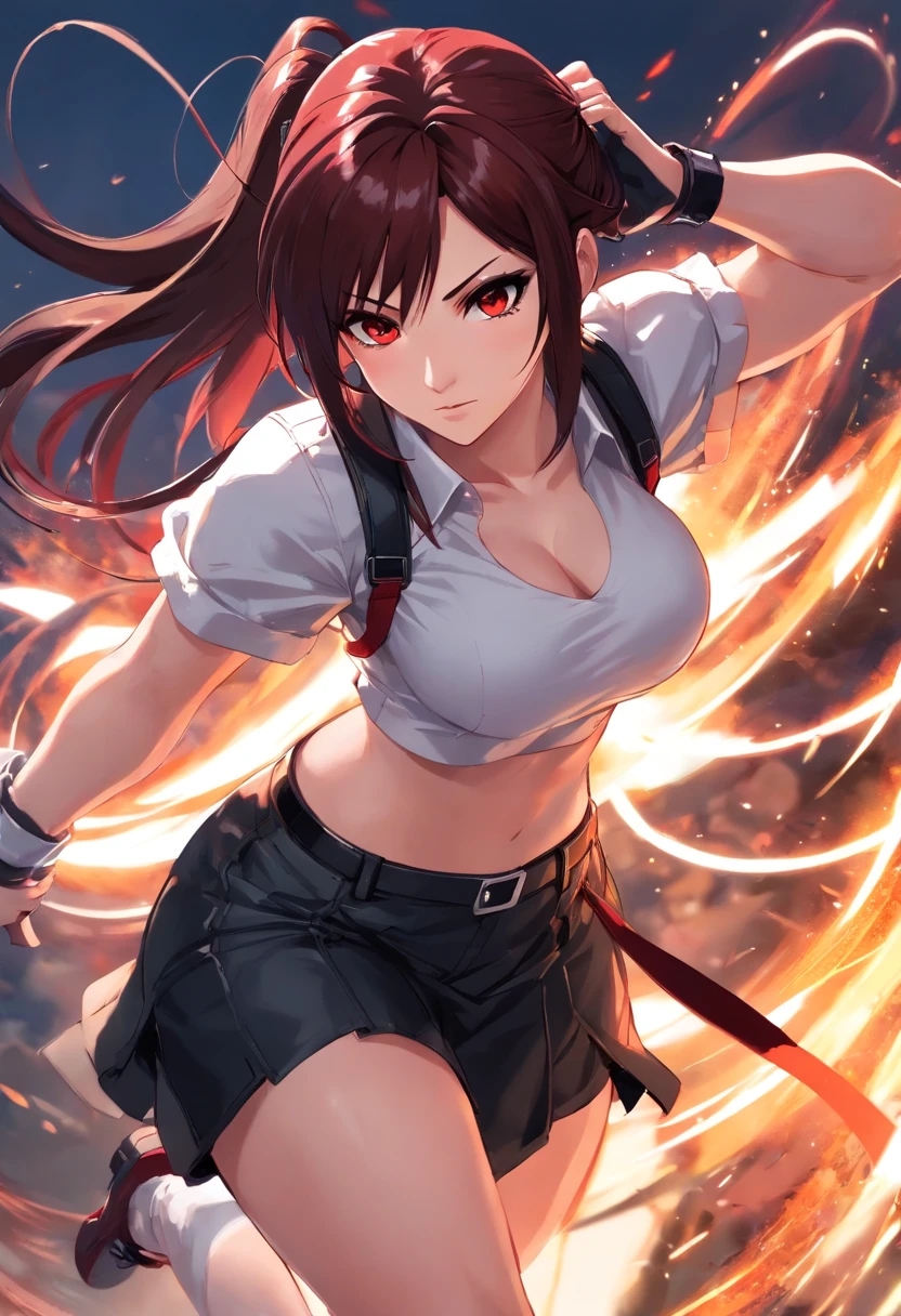 (Tifa Lockhart in a fighting stance)Adult,cabelos preto e longos, Crimson eyes,White shirt,Black skirt,curvy body,thin waist
