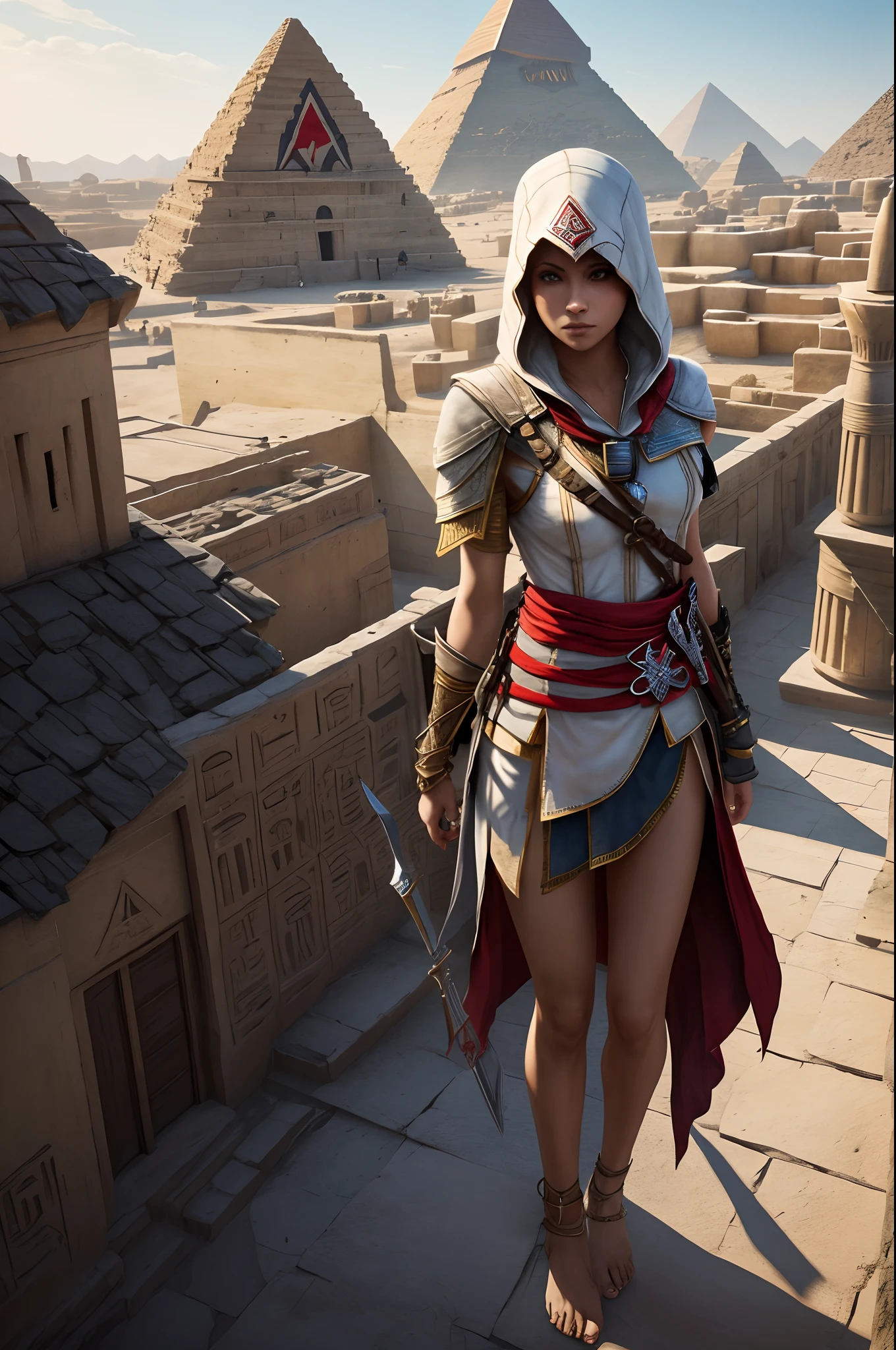 girl, assassin's creed style, short egyptian dress, few clothes, barefoot, ankle bracelets, on the roof, pyramid on the background, high detailed, full-lenght realistic photo, 4k