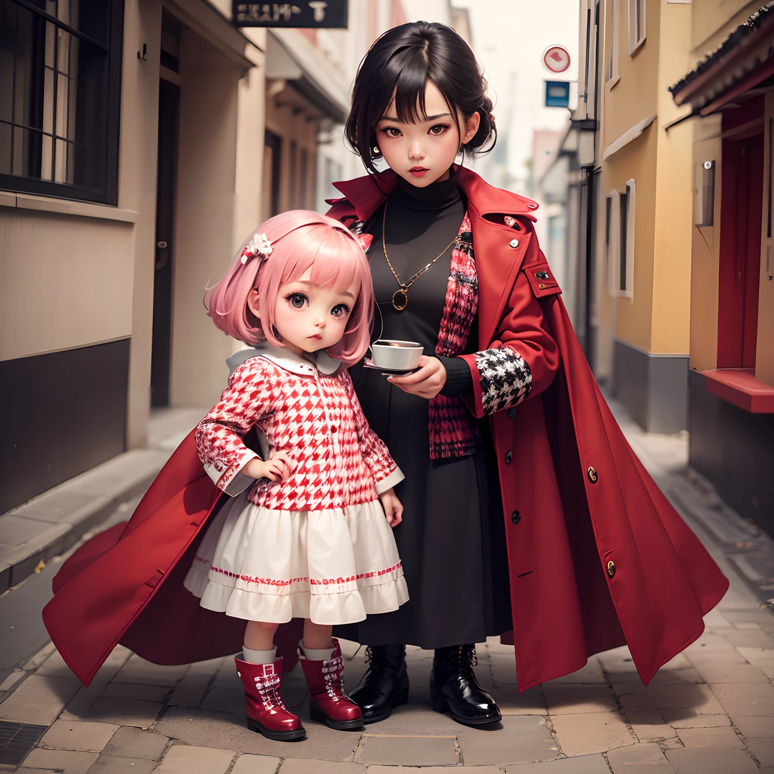 masterpiece、top-quality、ultra-detailliert、(Chibi Chara's Daughter:1.2)、(long coat with red and white houndstooth,,:1.3)、Light Blue Off Turtle Knit Dress、Short boots、Port city of Cape Town、