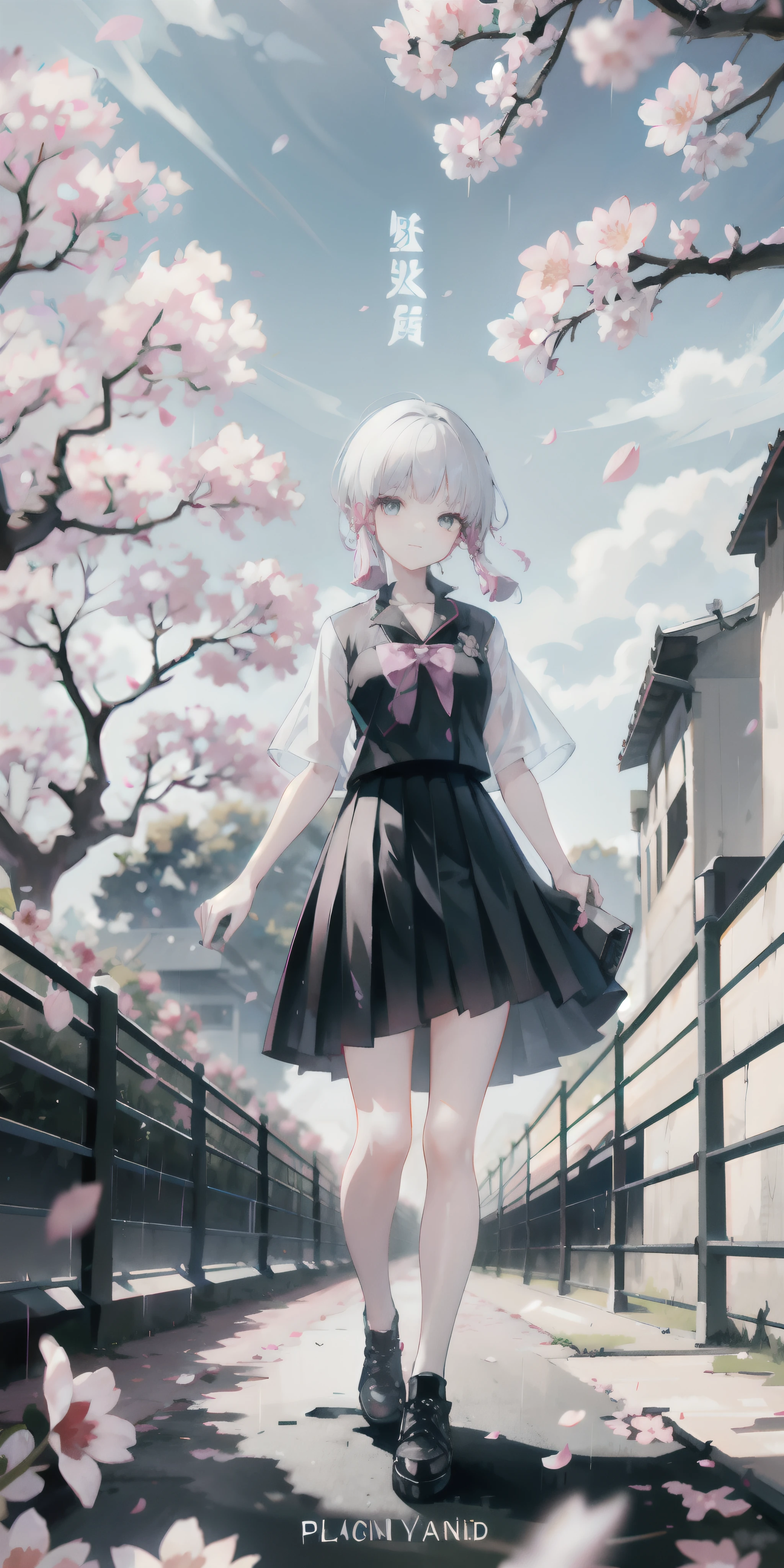 1girl, black skirt, branch, building, chain-link fence, cherry blossoms, fence, long hair, outdoors, petals, pleated skirt, rain, shirt, short sleeves, skirt, solo, standing, tree,
sky,street