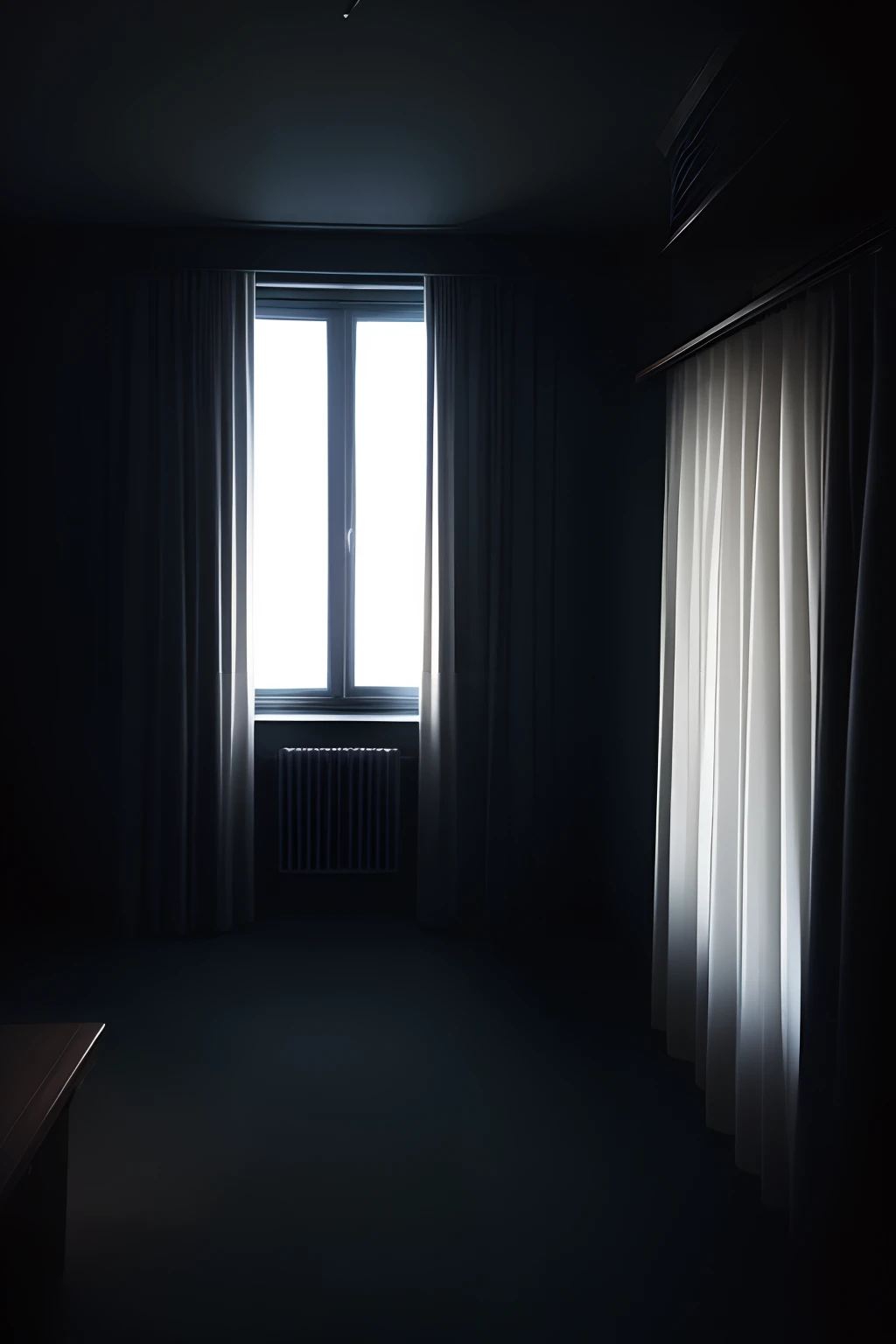 quadratic element，Light and darkness are clear，Pitch black room，White sunlight shines through the curtains