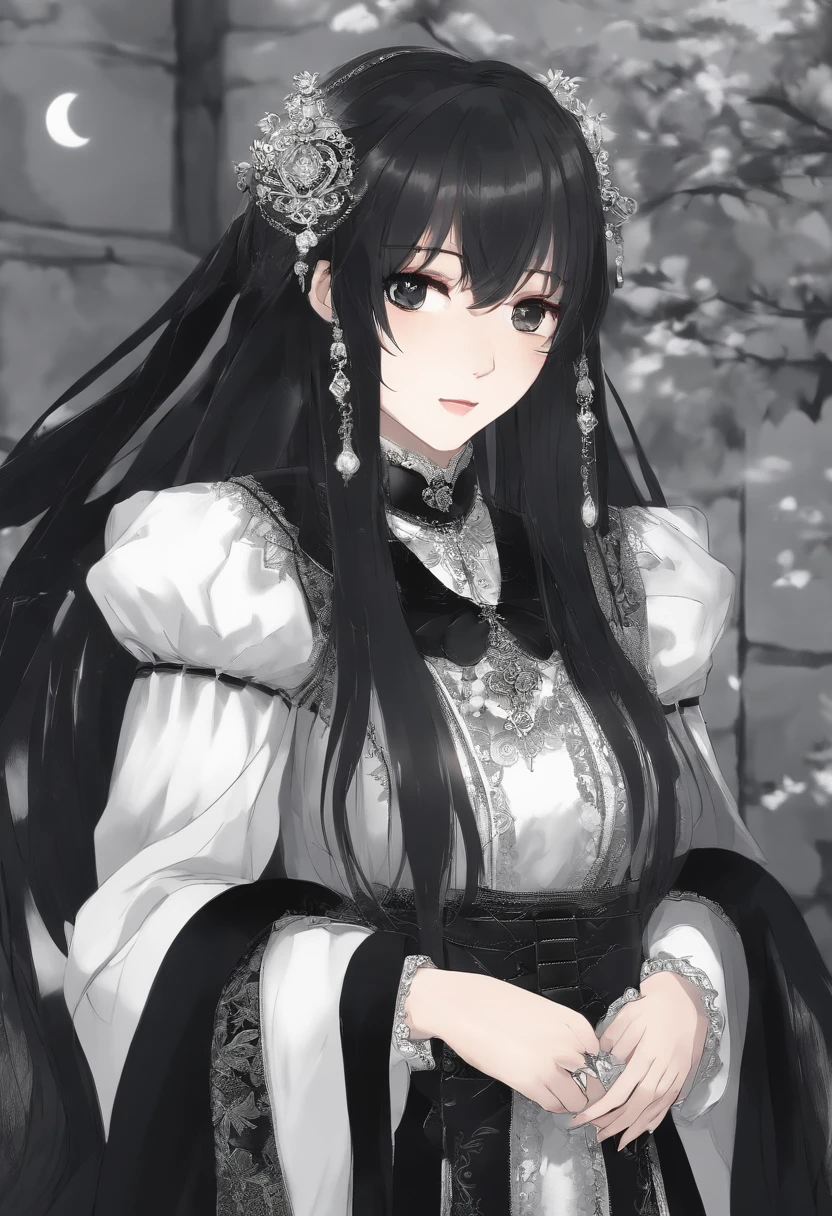 Anime character in black and white costume standing in front of a wall, Pin no anime, personagem de anime feminino, como um personagem de anime, anime loira com cabelo longo, visual anime de uma meninao, menina perfe cabelos brancos, divindade de cabelos brancos, Garota Anime usando um vestido preto, estilo anime como destino/noite de estadia, 1 7 - year - old anime goth girl