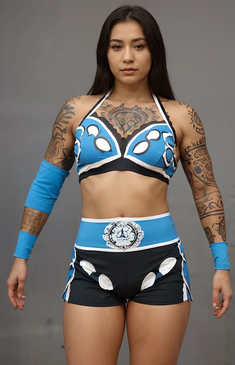 Une femme avec des tatouages et un haut bleu posant pour une photo, Costume aux accents bleus, Costume de Tai, Maori, The Blue Panther, tight light blue neopren suits, Armure tribale, Omina tachibana, Kitana de Mortal Kombat, Kasumi Arimura Style 3/4, Maya Takamura, Peinture de carrosserie bleue, Adult warrior of the North