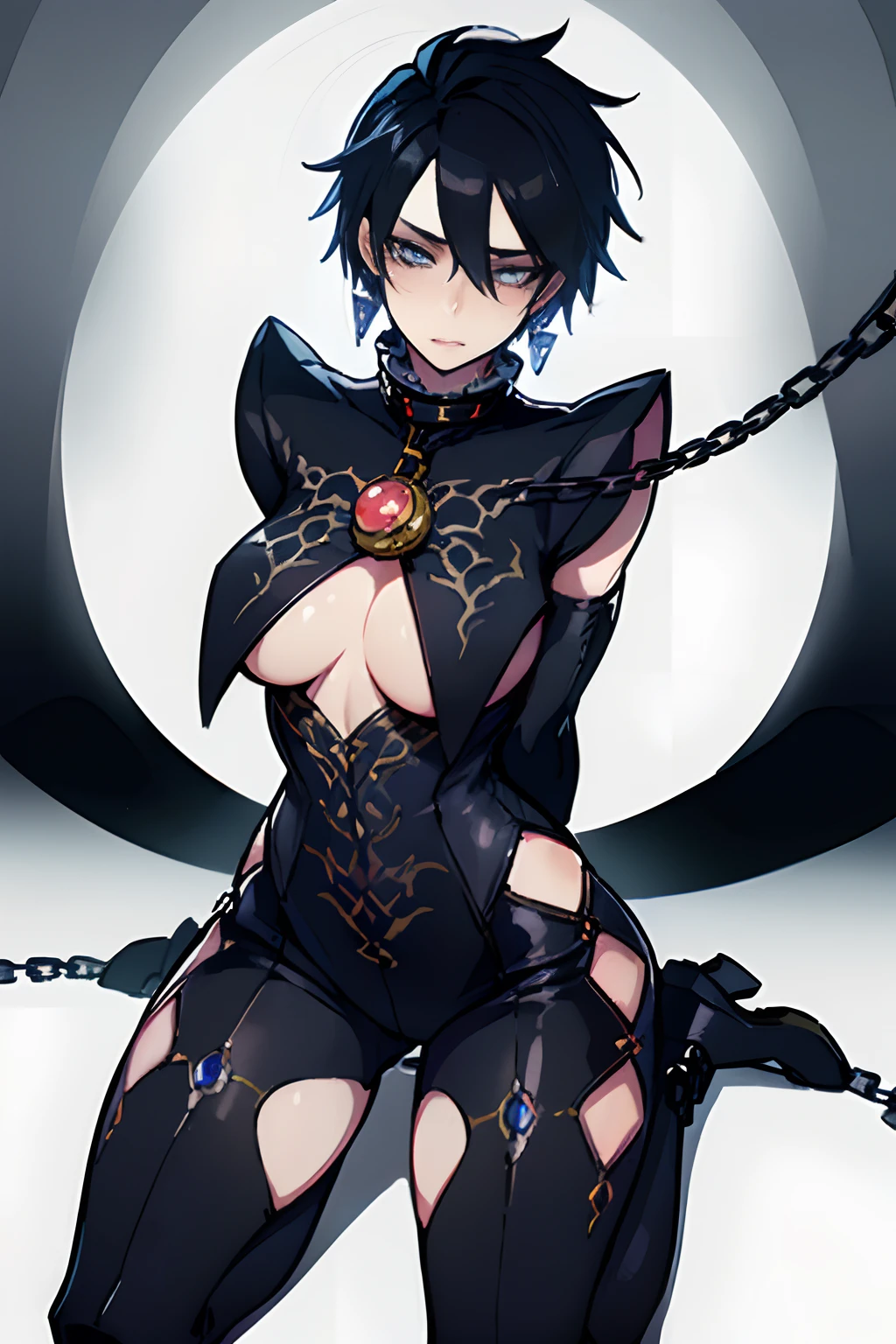 bayonetta_2_shorthair_aiwaifu, (((ratatatat74))), ((kneeling, thighs, pants)), ((tears, blush)), (((collar, chain, leash, collar, viewer holding leash))), ((photo realistic, female, colorful, realism, vibrant, colors, art style)), blue eyes, earrings, portrait, facing camera, facing viewer, ((best quality, masterpiece)), (((clothed))), (((arms behind back, arms at sides)), ((die-cut sticker))), ((white background)), (solid outline),1girl, black hair,