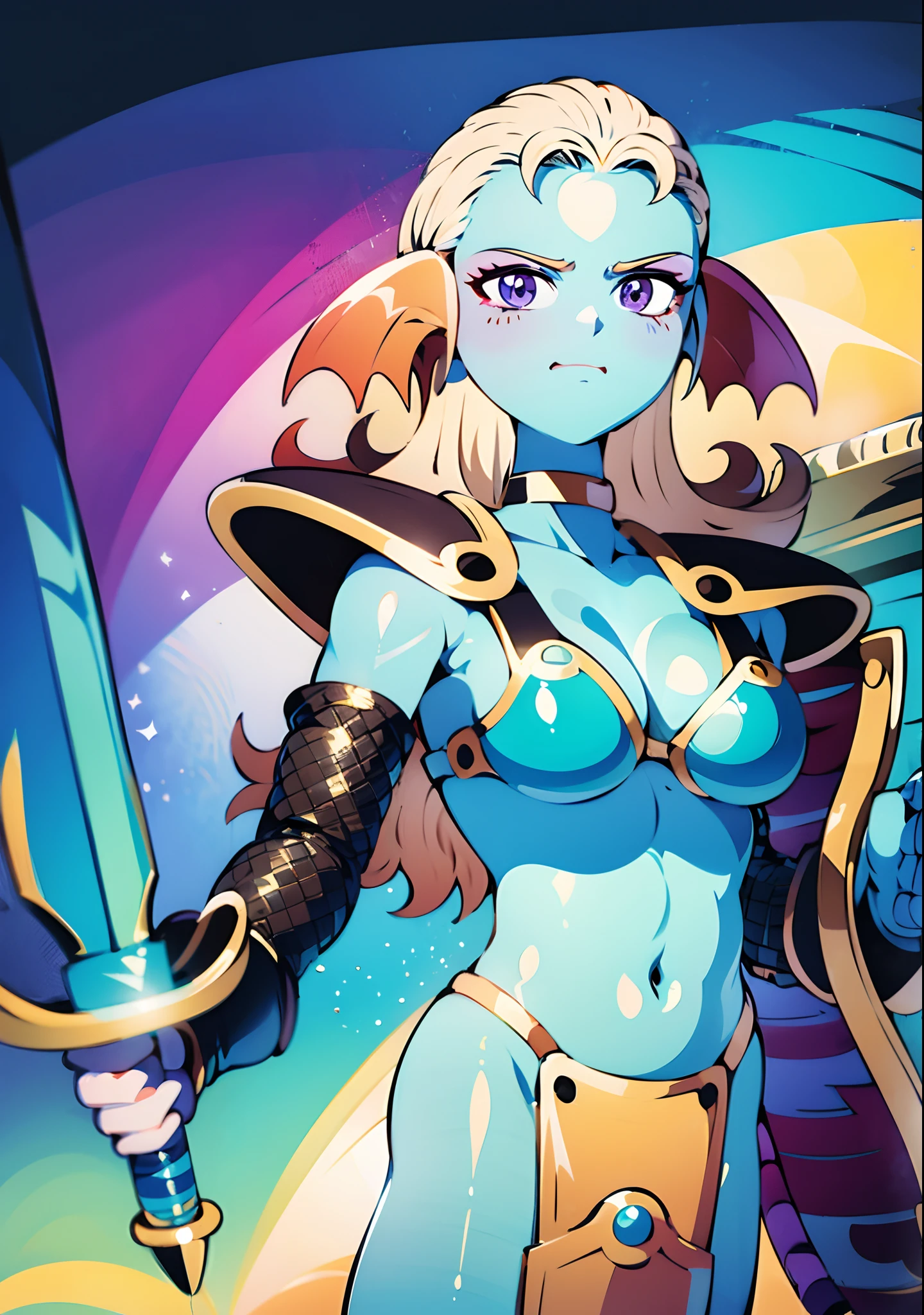 8K,High quality,Anime,married woman,Beautiful woman,Bright,Eye Highlights,Purple eyes,Sexy,ultra gigantic tits,oversized tits,Erotic,beautiful line art. Blue skin, Blue and orange gradient fins, Black Bikini Armor, holding swords, Holding Shield, Bejeweled ornaments and bikini armor, Highly revealing outfits, Dark Facial Makeup, Golden Sword, Wooden shield, muscular raw legs, Light blue legs, Animation drawing,