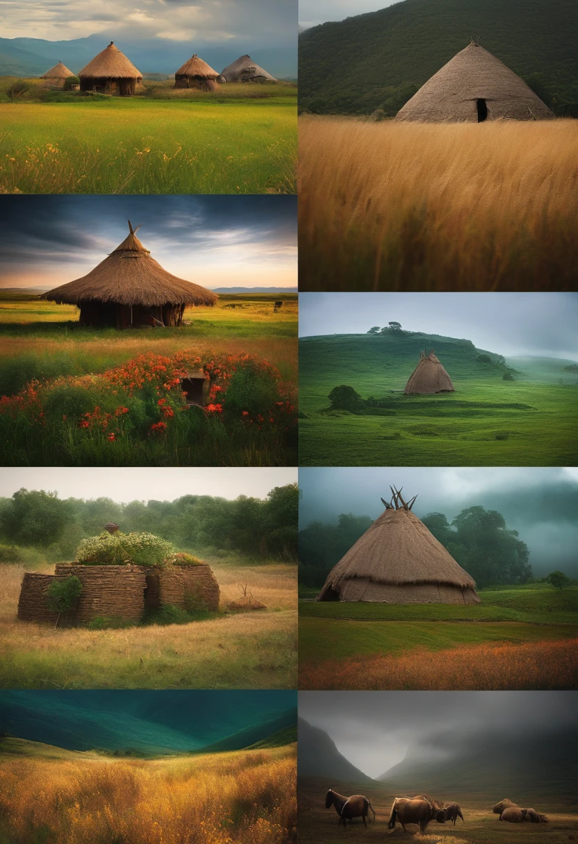 Nature, Open Field, High Fantasy, Dark Fantasy, Some Primitive Tribal Dwellings