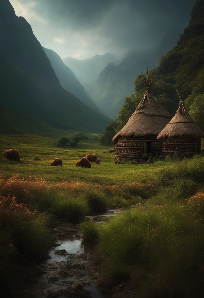 Nature, Open Field, High Fantasy, Dark Fantasy, Some Primitive Tribal Dwellings
