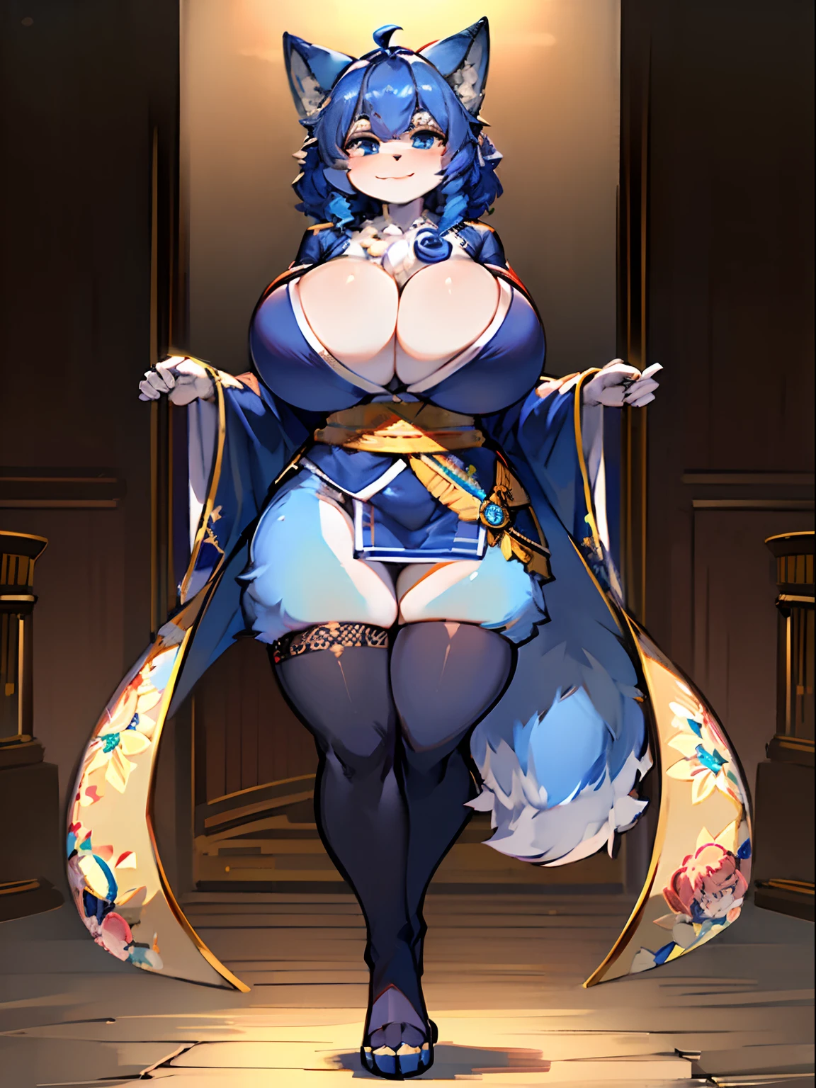 Furry, Navy blue Fur, big breasts, thighs, Kimono, smiling at camera, anthro, detailed fur, plump, 21 years old, curly hair, navy blue hair, no r34, not lewd, full body kimono, stockings, Fox Girl, 6'4 height