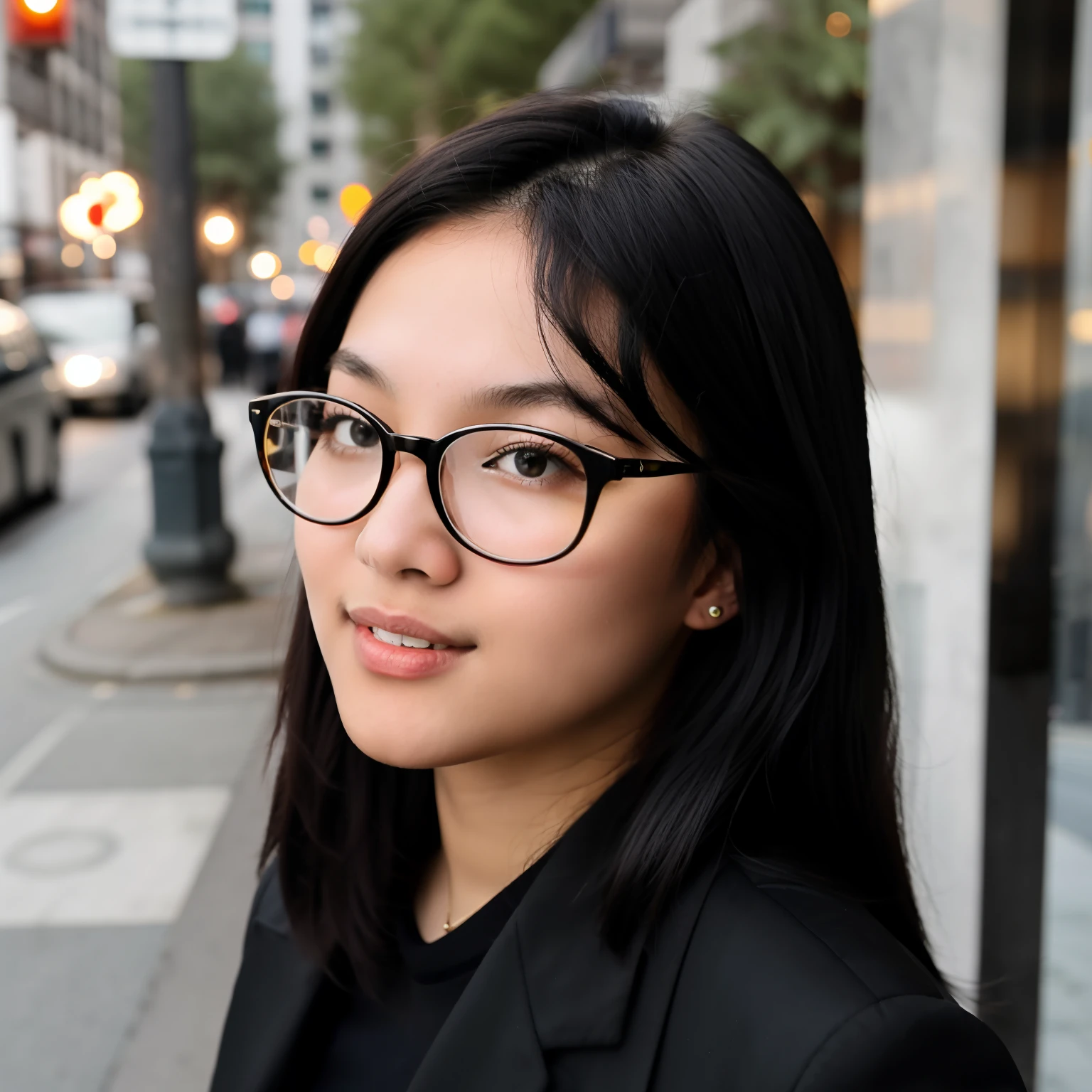 there is a woman with glasses standing on a city street, wearing black frame glasses, wearing black rimmed glasses, wearing thin large round glasses, a young asian woman, girl wearing round glasses, wearing square glasses, young asian woman, wearing small round glasses, girl with glasses, an asian woman, wavy long black hair and glasses, with black eyeglasses