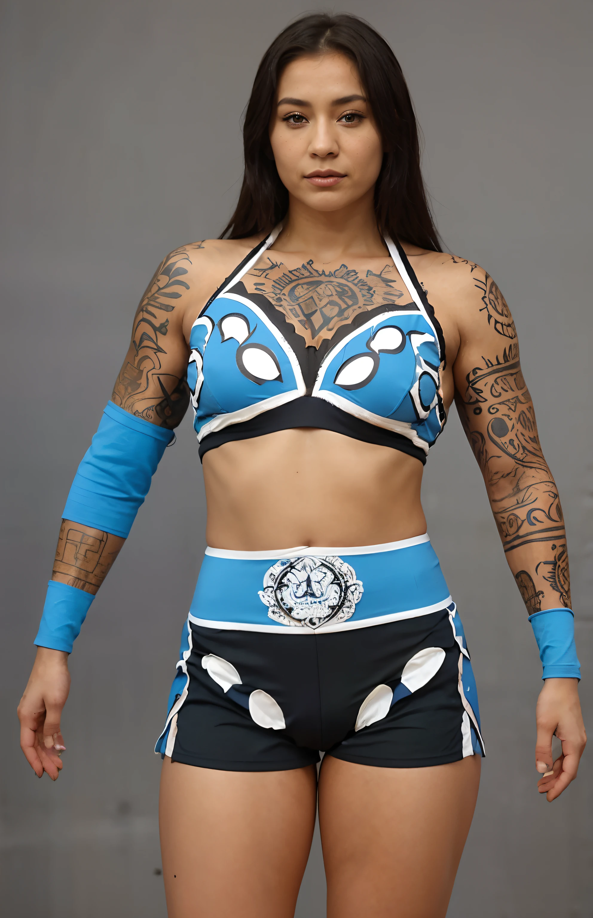 Une femme brune avec des cheveux long, hyper detailed, detailed body, In a colorful outfit posing for a photo, maximalist details, Tenue rave audacieuse, Haut du torse inclus, physique