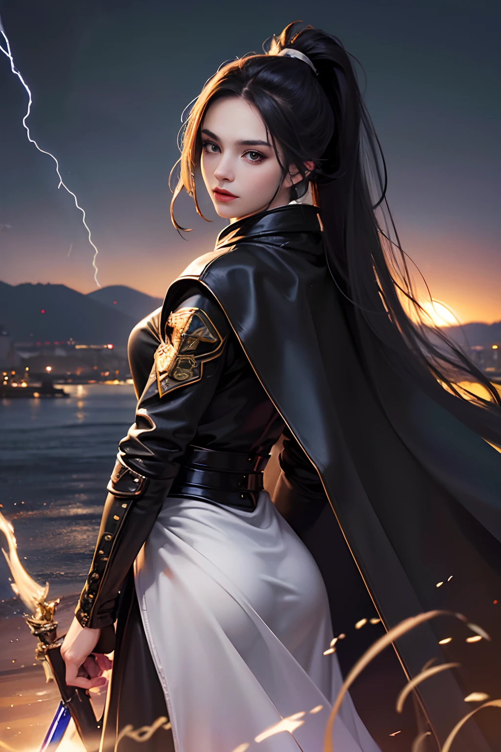 (skindentation:1.5), Realistic, Photorealistic, (masterpiece:1.5), concept art, intricate details, highly detailed, photorealistic, octane render, 8k, unreal engine, dynamic pose, best quality, highres, (realistic face:1.1), (hyperrealistic:1.1), ((full_body)), perfect eyes,(shiny skin:1.2), (((hairstyle))), (((perfect hands))), (extremely detailed background), ((dynamic background)), ((lightning)), (light rays), ((1girl)), wearing long leather cloak, black leather long pants, (((flowing cloak))), ((detailed eyes, high quality eyes, high quality face)), (extremely intricate cloak, magical cloak), long black hair, casting lightning, electricity, swirling fire, radiating power, ((dramatic)), epic, city, depth of field, bokeh, 4k, (((ponytail))), ((big moon))