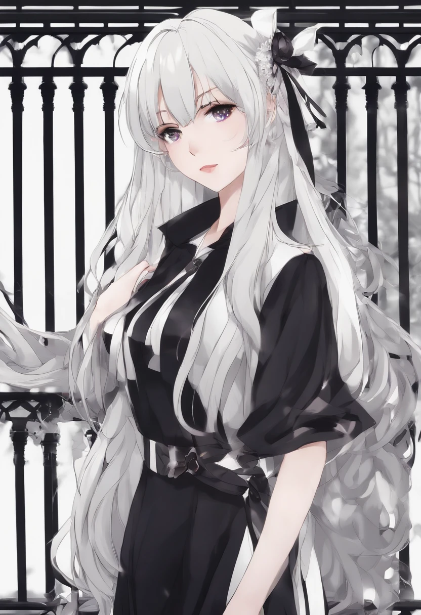 Anime character in black and white costume standing in front of a wall, Pin no anime, personagem de anime feminino, como um personagem de anime, anime loira com cabelo longo, visual anime de uma meninao, menina perfe cabelos brancos, divindade de cabelos brancos, Garota Anime usando um vestido preto e roxo, estilo anime como destino/noite de estadia, 1 7 - year - old anime goth girl